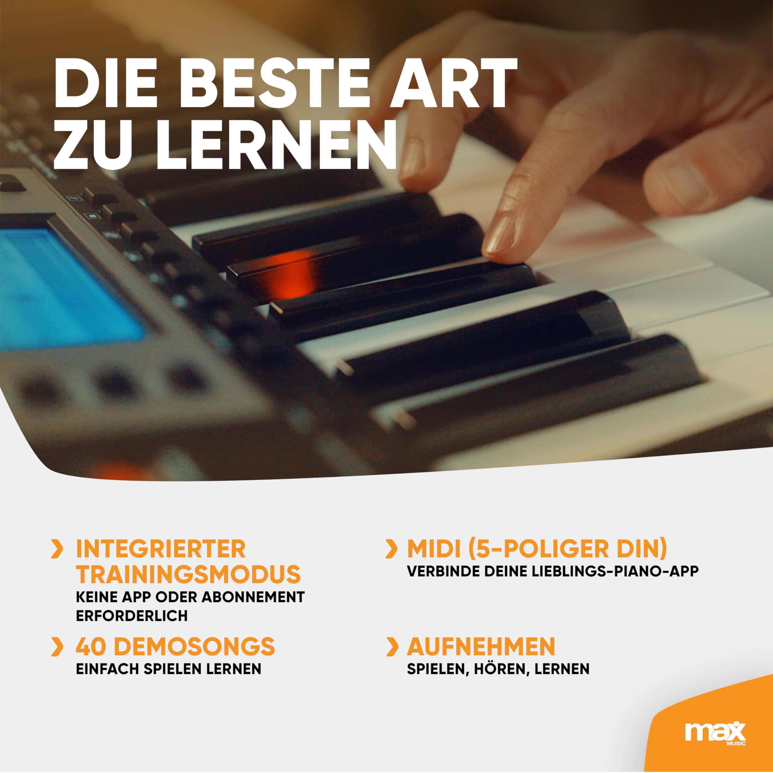 MAX Rhapsody61M - MIDI Keyboard Piano mit 61 Tasten mit Ständer und Kopfhörer, Anschlagdynamik, LCD Display, 8h Akku, 40 Demo-Songs für Anfänger, Piano Keyboard Lern-Funktion, 300 Sounds