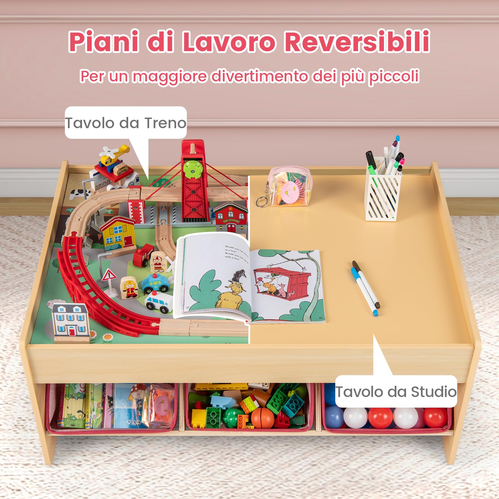 RELAX4LIFE Tavolo con Set Treno in Legno da 92 Pezzi, Tavolo Gioco Multifunzionale con Superfici Reversibili, 3 Contenitori Pieghevoli in Tessuto, Binari, Macchinine, Set Treno per Bambini da 3+ Anni