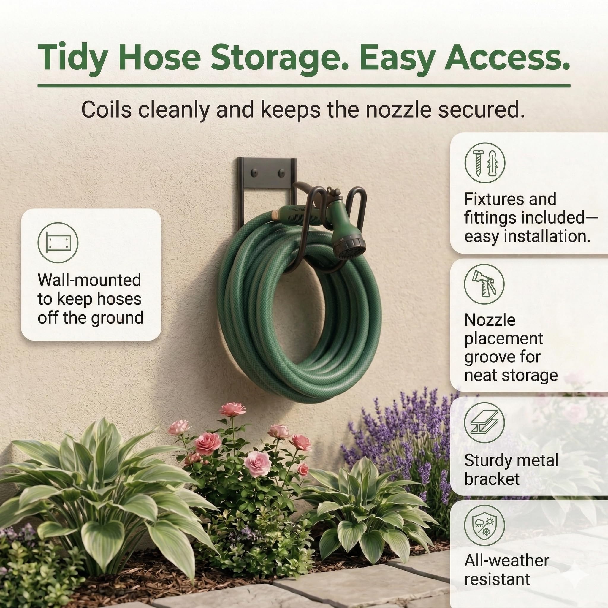 Garden Hose Holder Wall Mounted Metal Hose Pipe Hanger with Fittings - Metal Hosepipe Holder for Wall Storage - Outdoor Mounted Garden Hosepipe Hook with Fittings (Black) — view 2