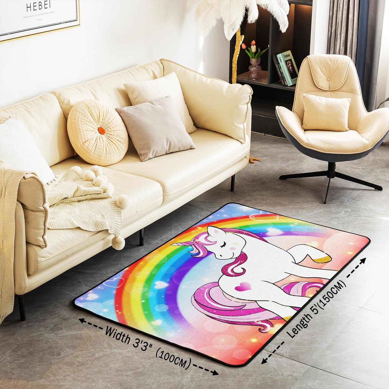 Unicorn Area Rug 3x5, Rainbow Rug for Girls Kids, Cute Unicorn Animal Non Slip Carpet, Purple Red Kawaii Horse Glitter Stars Cartoon Heart Pattern Decorative Rug for Living Room