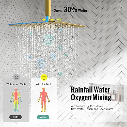 Miniatura 26 de SR SUN RISE Sistema de ducha montado en el techo de 12 pulgadas, mezclador de lluvia, sistema de cabezal de ducha de lluvia, dorado cepillado, Oro