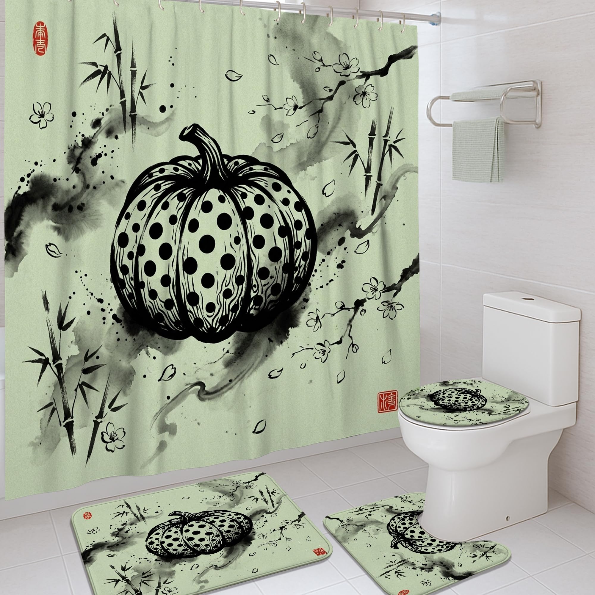 Rideau de douche citrouilles 183x183 cm et tapis vert automne