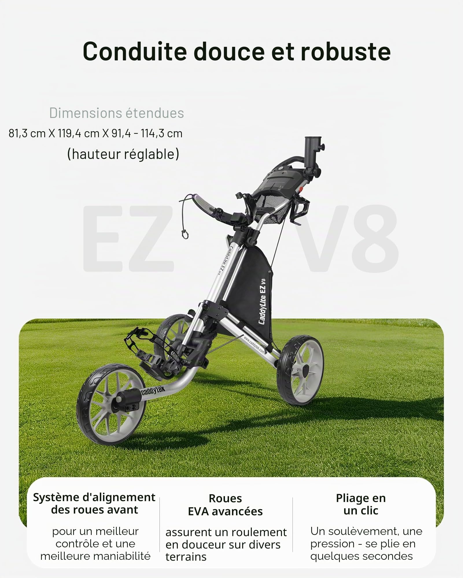 CaddyTek Caddylite EZ V8 Chariot de Golf à 3 Roues Pliable