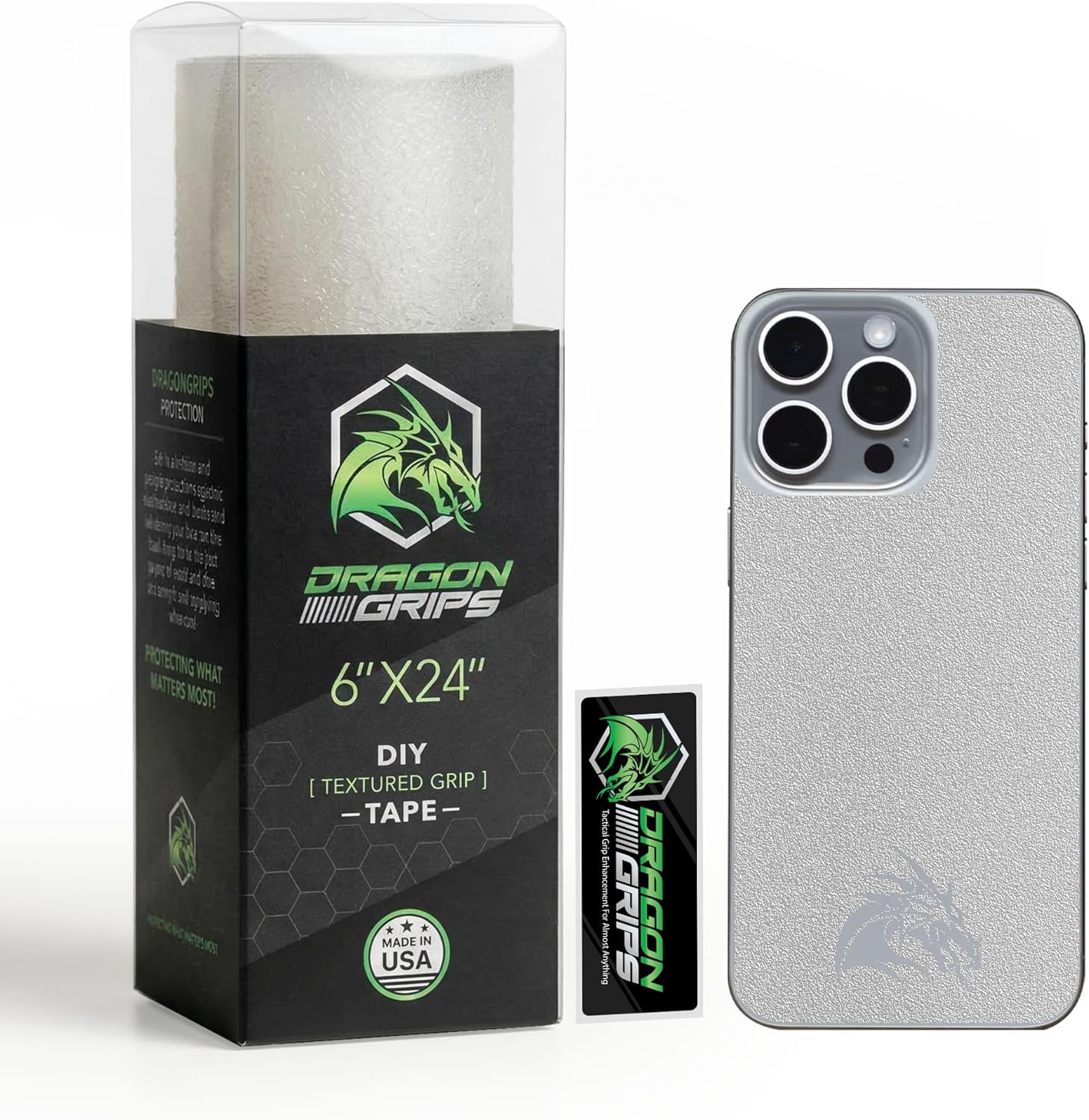 Dragon Grips 6x24 Clear Rubber Grip Tape for Guns, Phones, Mouse, Laptops, Controllers, Tools & Handles, Textured Grip Sticker, Anti-Slip Tape, Multipurpose DIY Cut Sheet, Waterproof, Made in USA