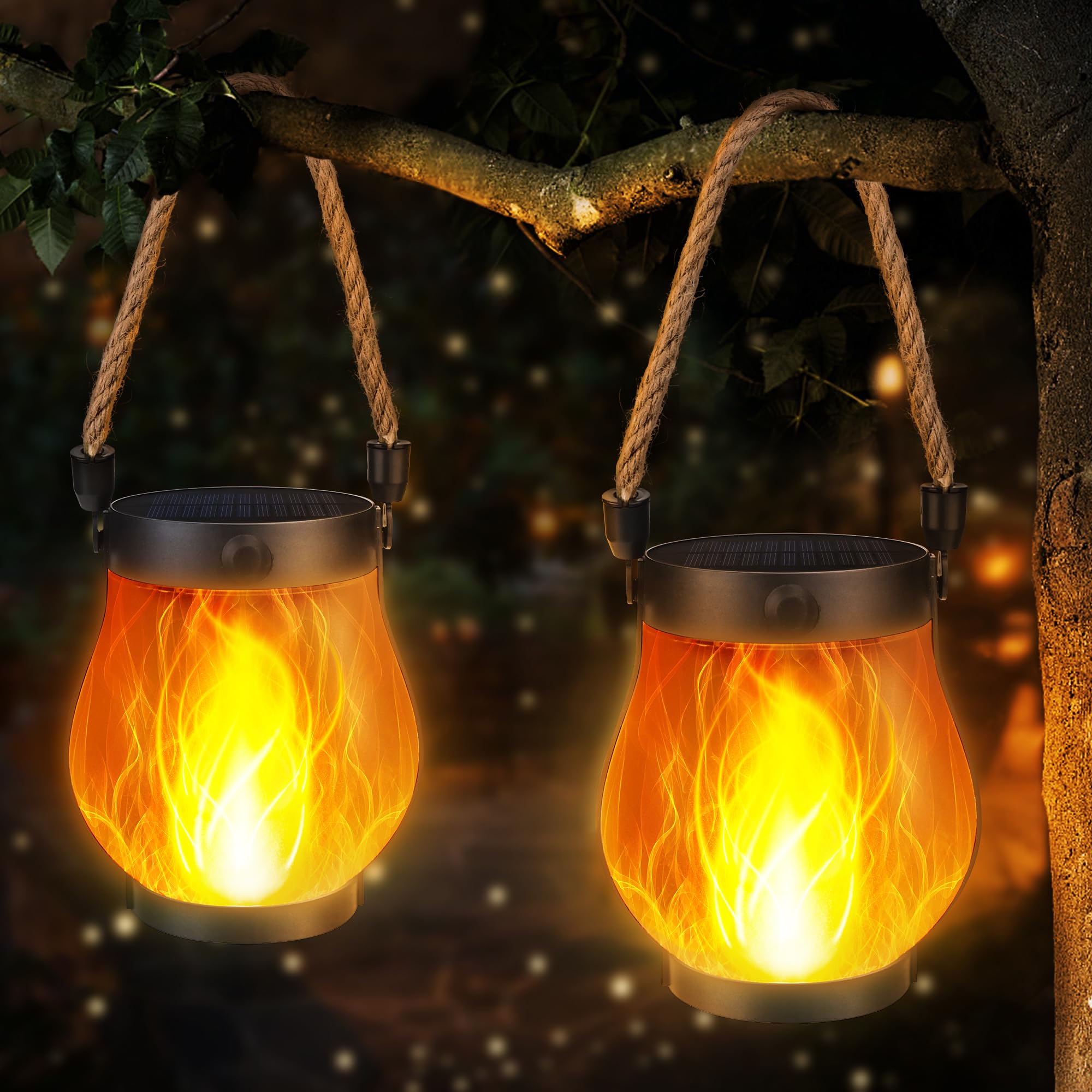 Solar-Flammenlaterne Außenaufhängbar Wasserfest - Flammenlaterne mit Doppelauflademodi Solar & USB für Garten oder Hof | Weihnachtsdekoration (2)