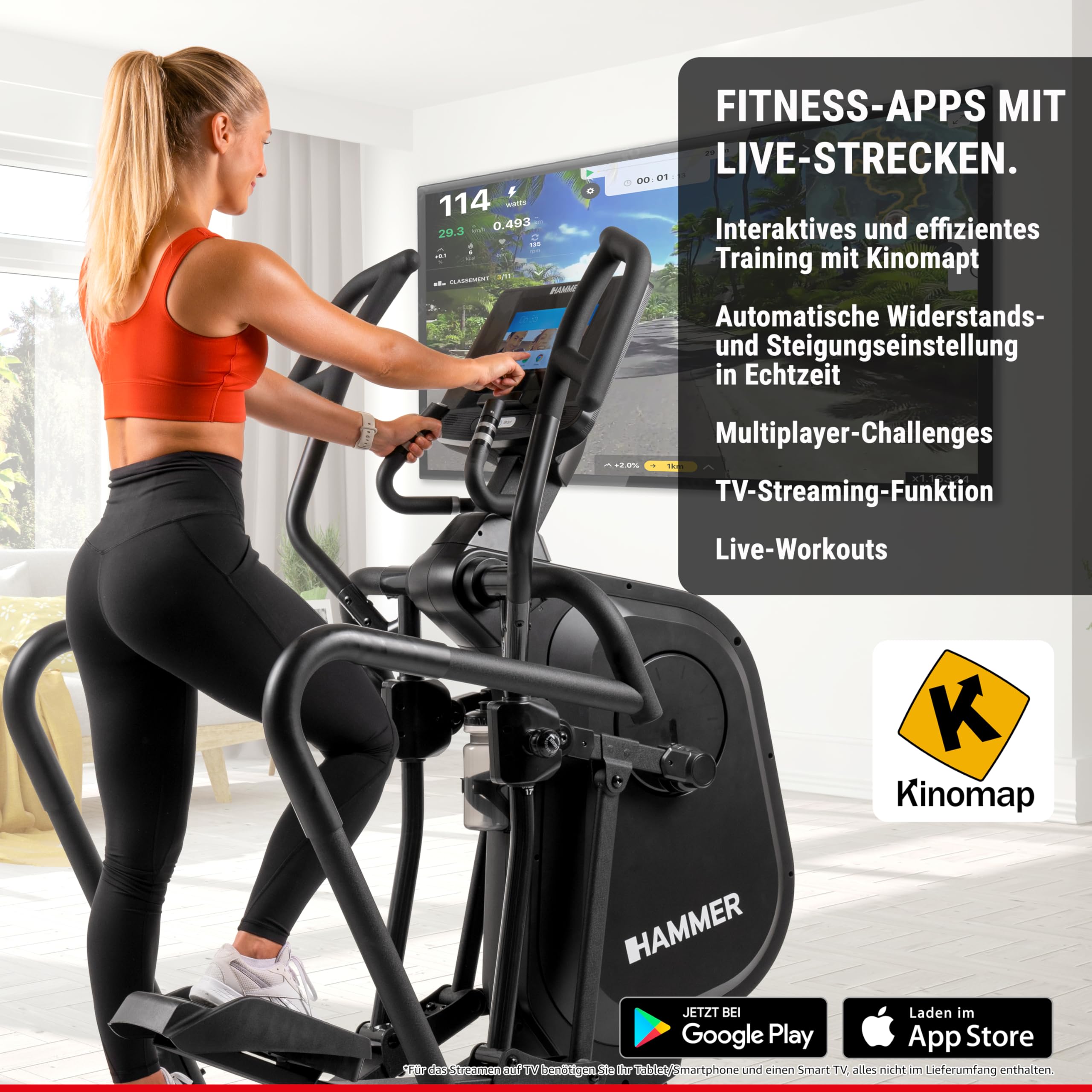 HAMMER Finnlo Ellipsentrainer Fly RX – 21 Programme, Kinomap kompatibel - Trainingsgeräte für Zuhause mit 12 kg Schwungmasse, Frei schwingende Trittflächen, 10" TFT-Touchscreen