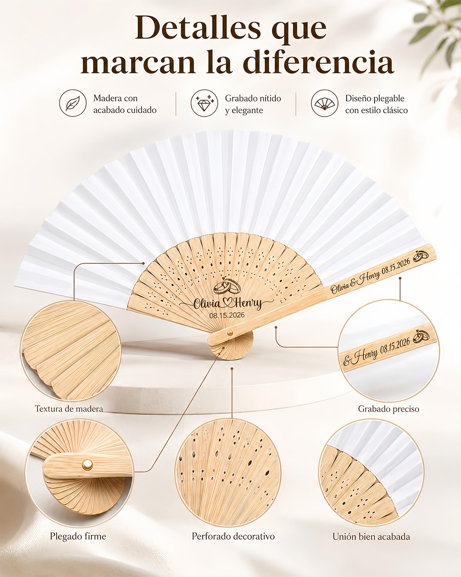 Abanicos Personalizados de Madera para Bodas – Abanico Boda Personalizado con Texto/Diseño Grabado/Bolsa de Organza y Borla, Detalles Boda para Invitados, Eventos y Decoración (50Pcs)