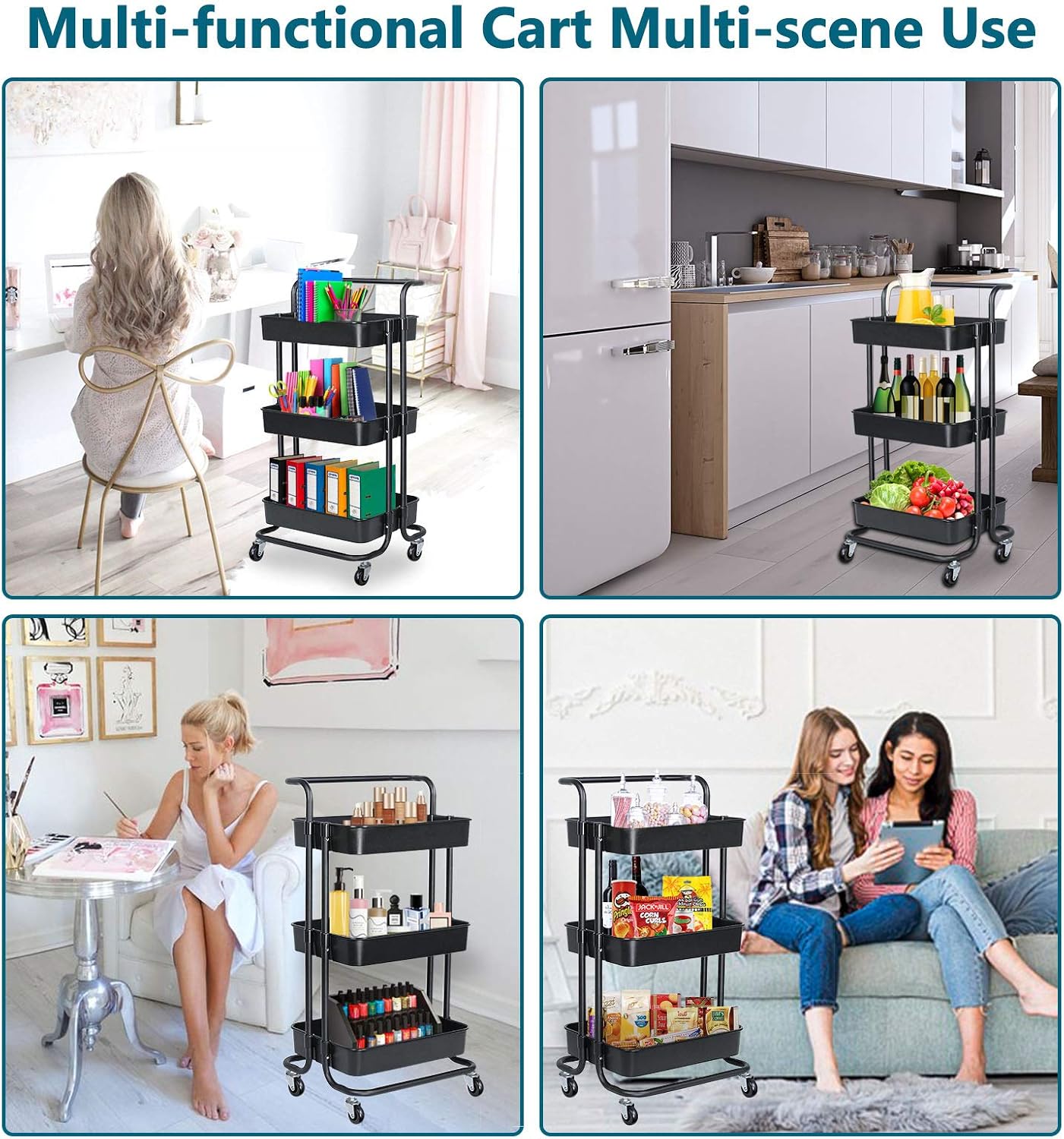 Happikids 3-Tier Rolling Utility Cart Storage Shelves Multifunction Organizer Carts,Heavy Duty Storage Trolley with Handle/Lockable Wheels,Rolling Craft Easy Assembly for Kitchen,Bathroom,Office,Black