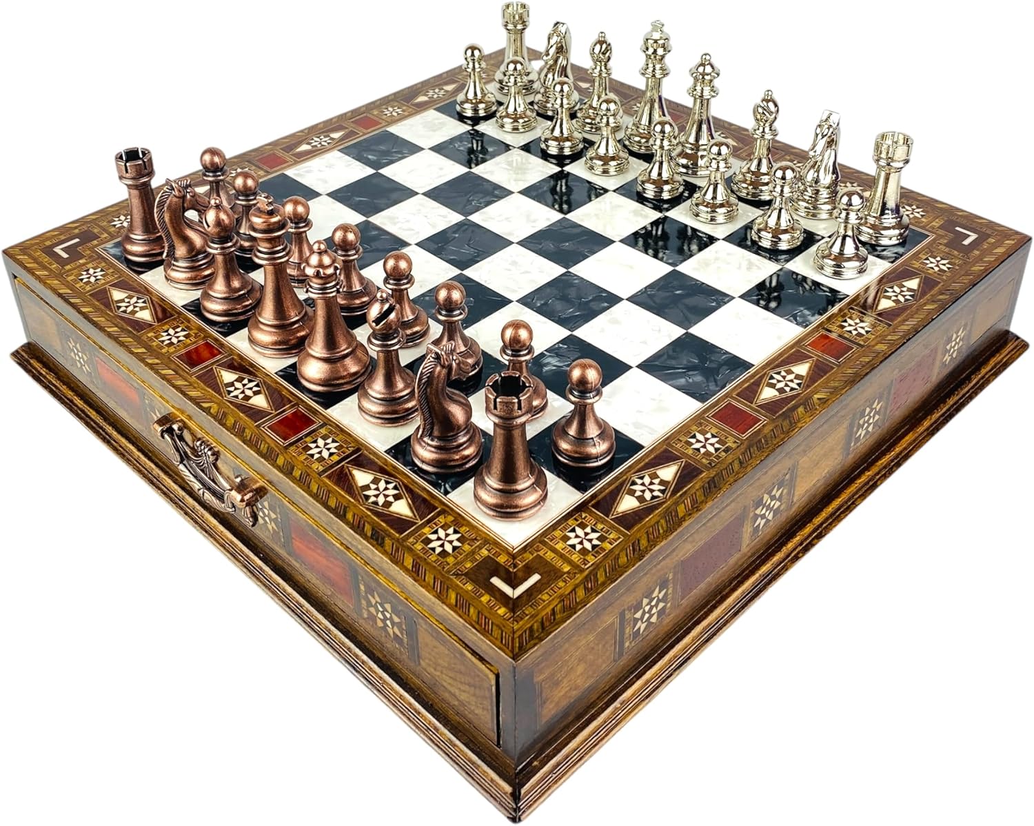 Premium Large Size Classic Chess Set with Metal Chessmen (Black Chess Board and Bronze&Silver Chess Pieces)