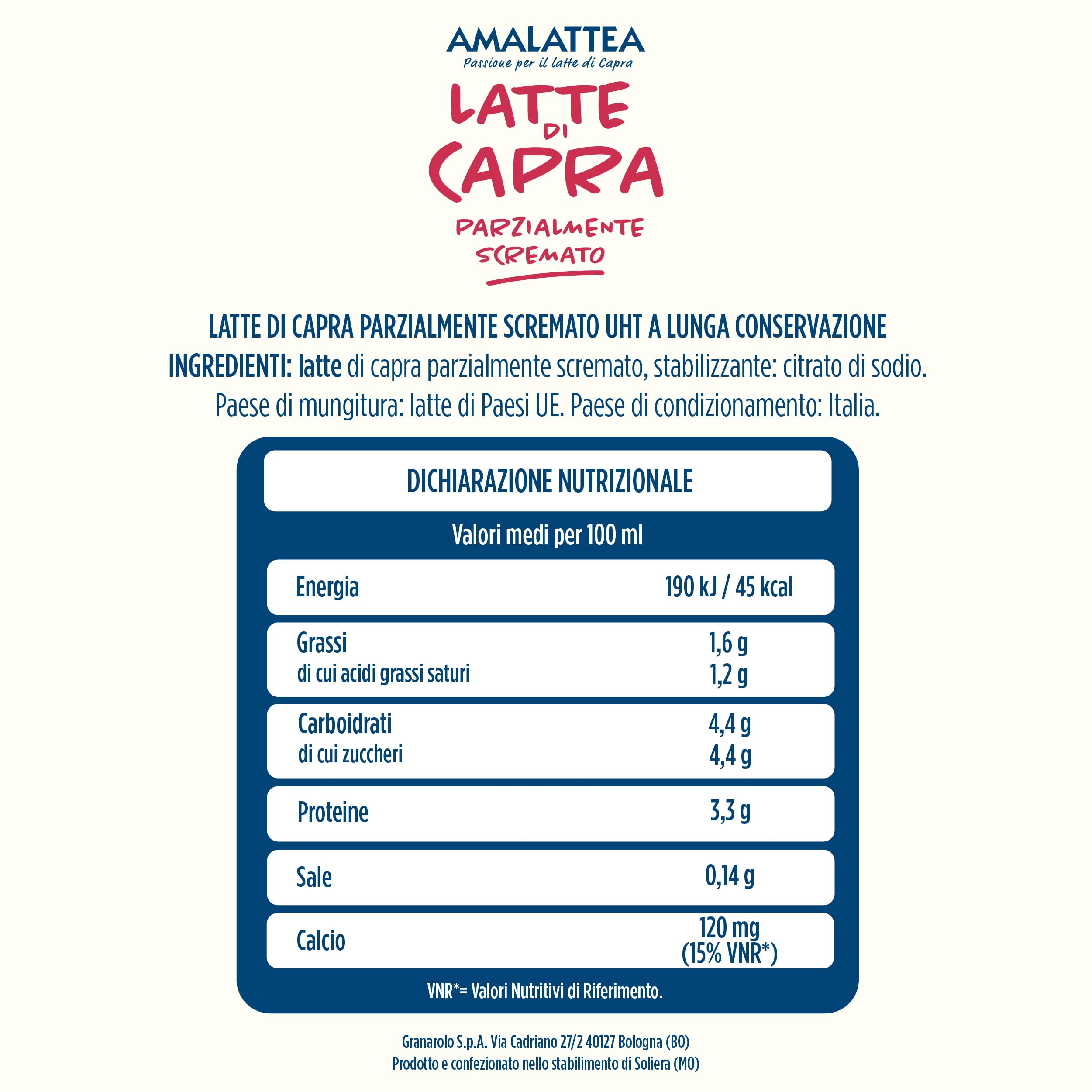 Granarolo, Latte di Capra Amalattea, 6 Confezioni di Latte Parzialmente Scremato UHT da 1 lt, Dal Gusto Morbido, Ricca Fonte di Calcio