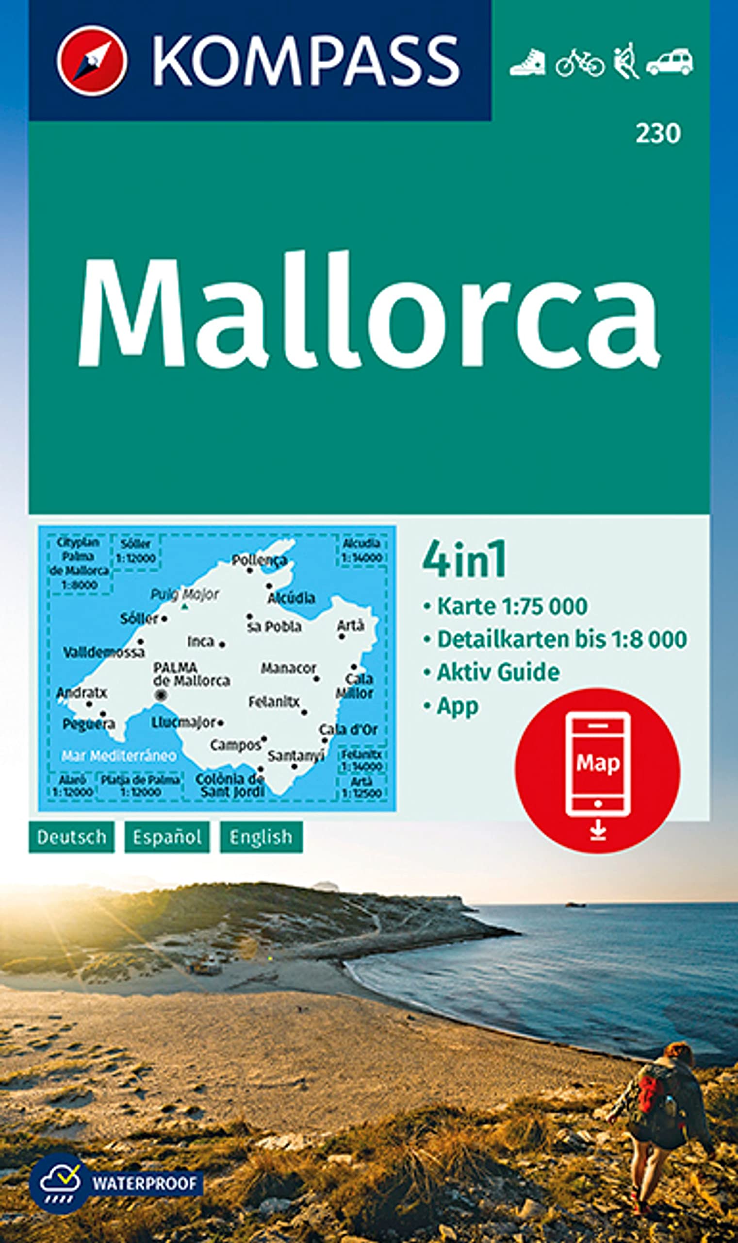 Mallorca + aktiv guide: 4in1 Wanderkarte mit Aktiv Guide und Detailkarten inklusive Karte zur offline Verwendung in der KOMPASS-App. Fahrradfahren. Klettern. Autokarte.: 230