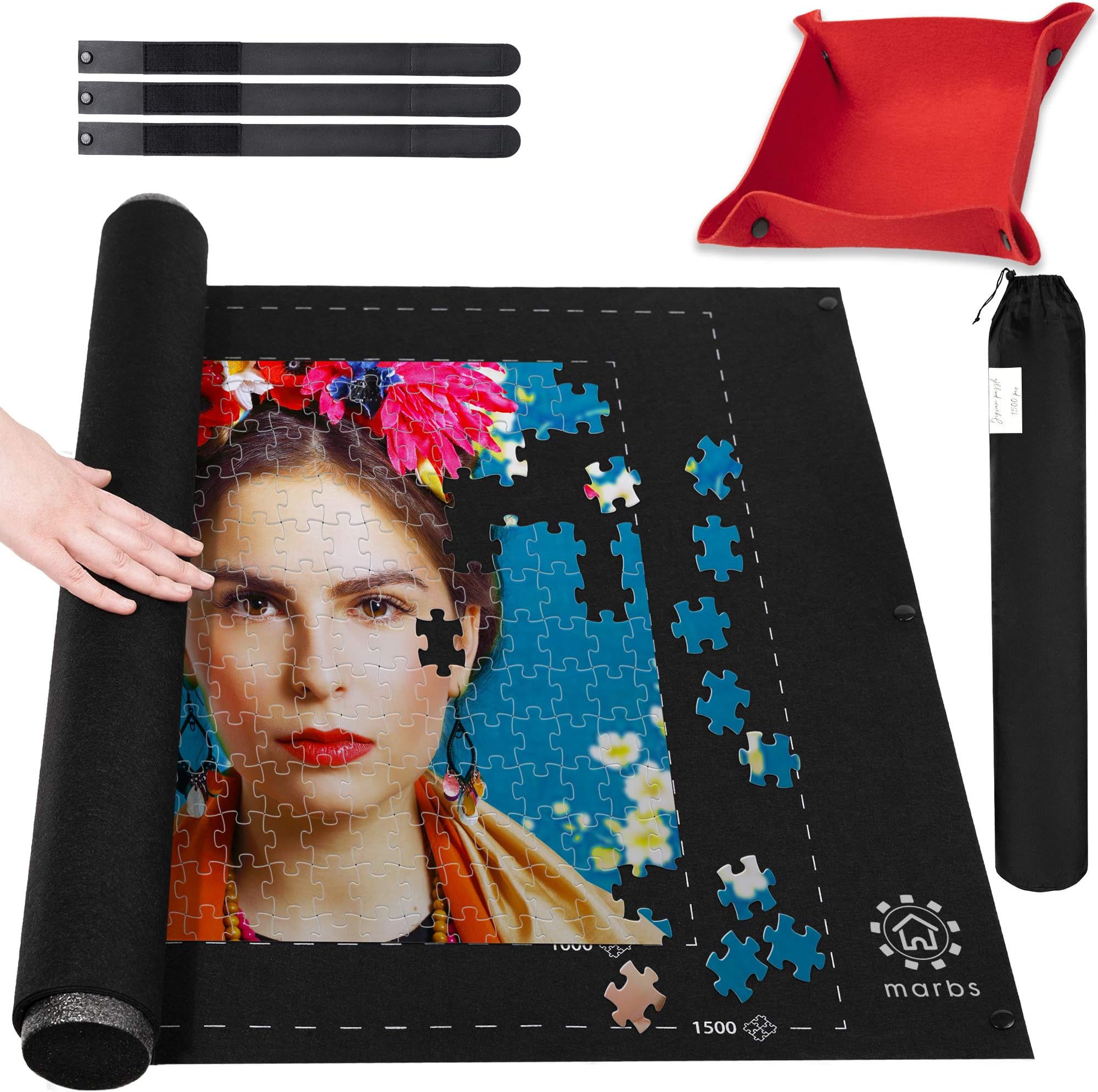 MARBS Puzzle Mat Roll Up with Guiding Lines for 500,1000,1500 Pieces. Roll Your Jigsaw Puzzle in 30sec - Portable Storage Mat 24"x46" with 2 Foam Poles, 3 Fastening Straps, Sorting Tray & Storage Bag