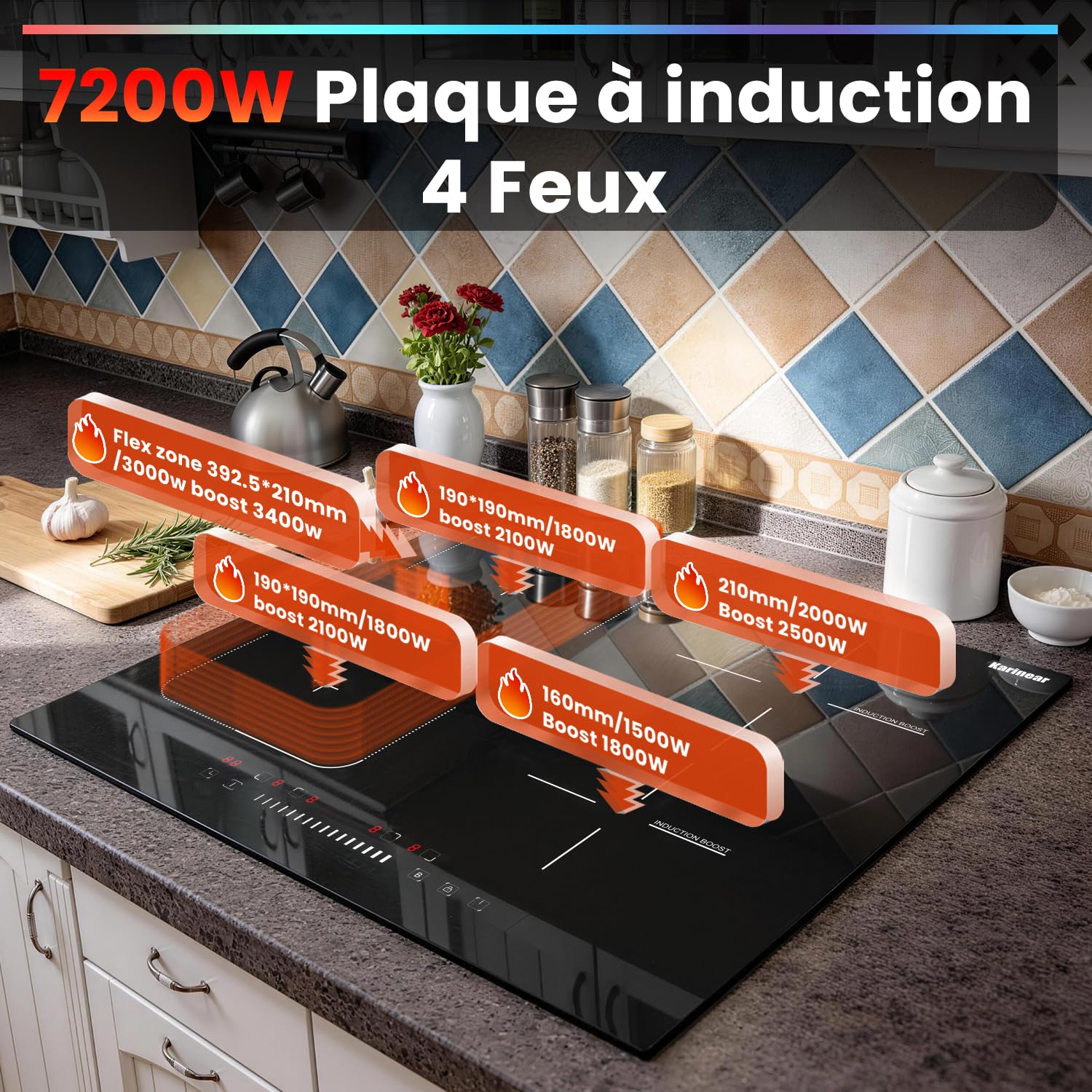 Karinear Plaque Induction 4 Feux avec Flexi Zone, Plaque de cuisson Induction encastrable 60cm, 7200W, Commande à curseur, fonction Boost, minuterie, sécurité enfants, 220V