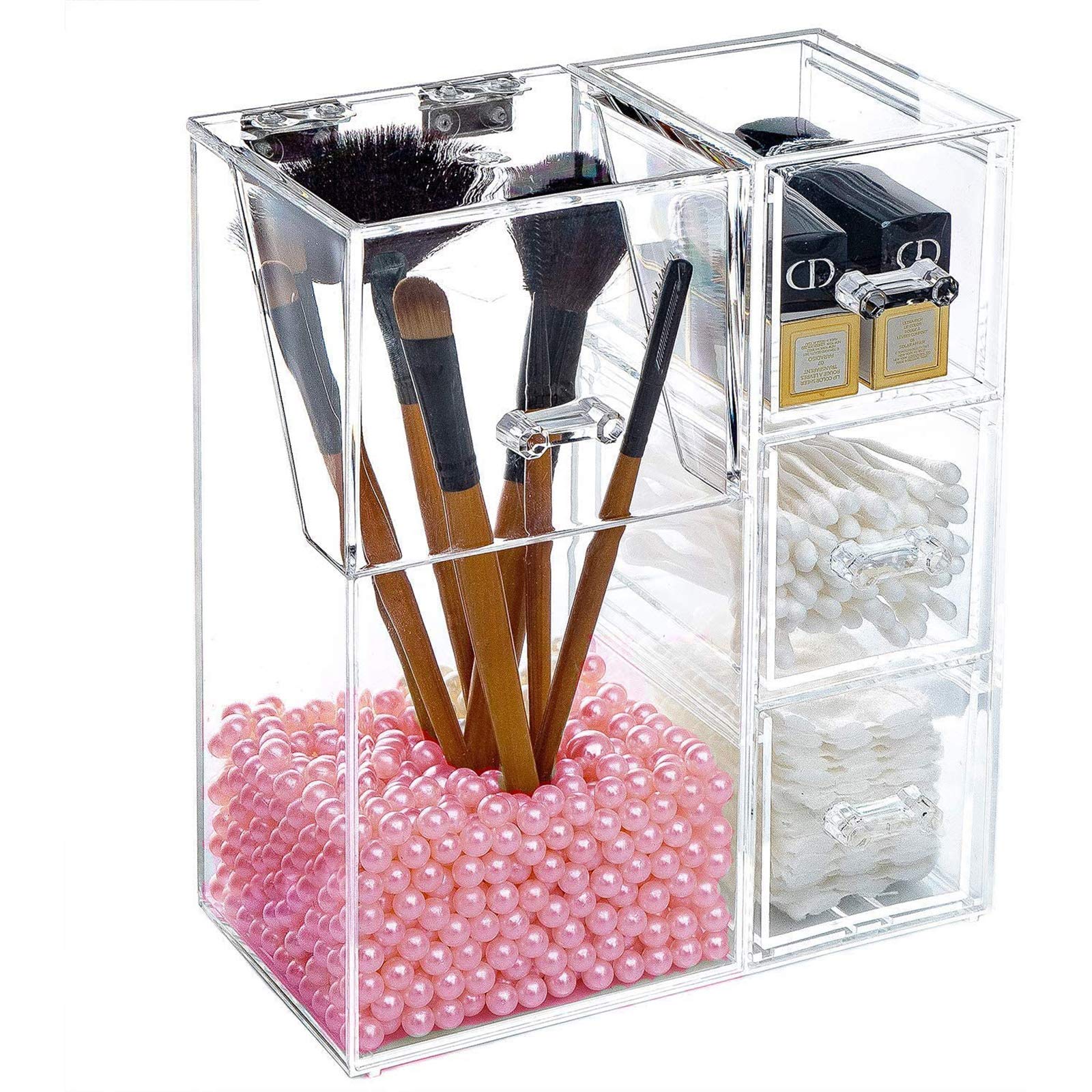 Acrylic Makeup Brush Holder, Waterproof Makeup Brush Storage Box, with Lid and 3 Drawers, Including Free Pearls, for Dressing Table and Display Stand