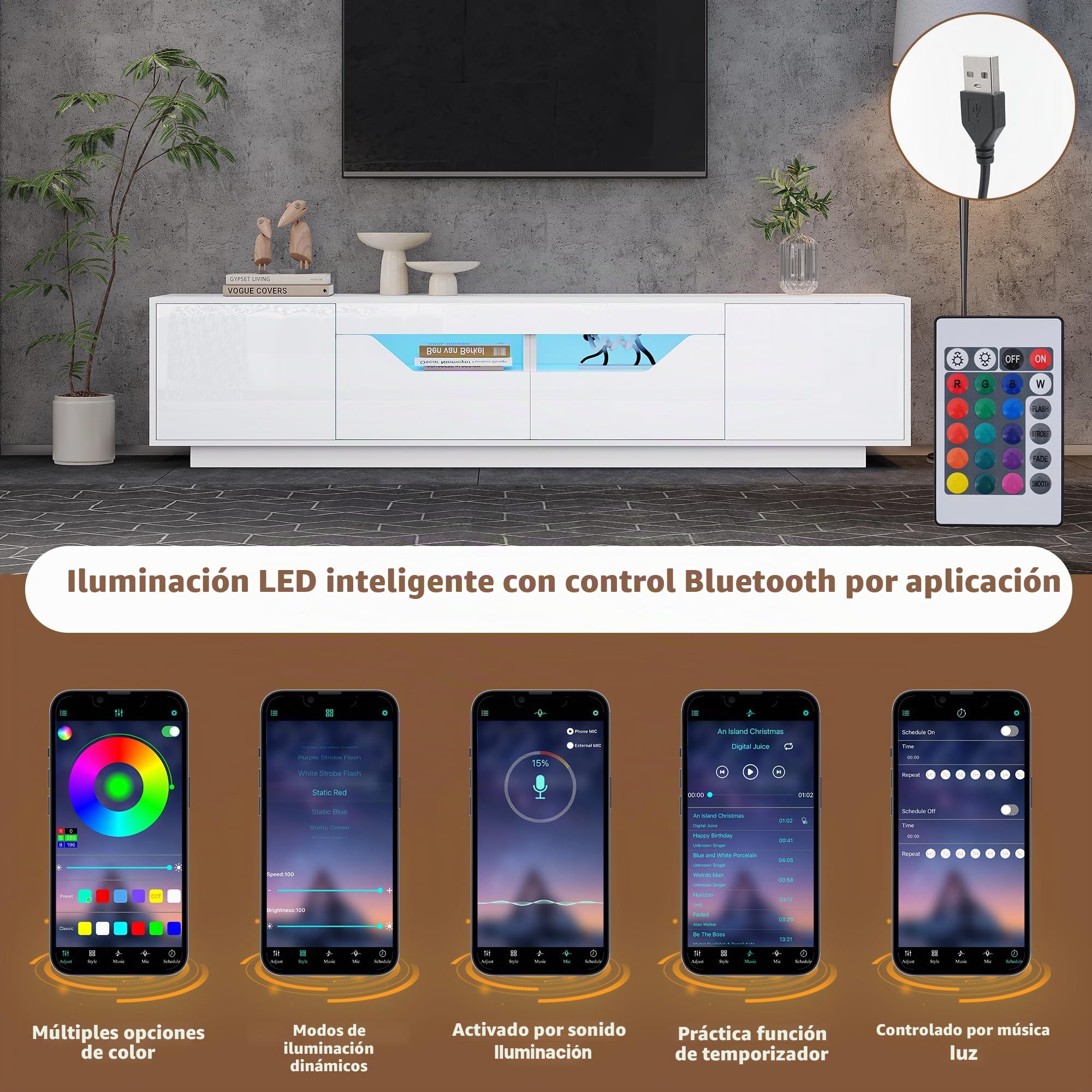 Soweiz Armario de TV de alto brillo con luces LED, armario de pie con 2 cajones y 2 armarios, tablero de TV, adecuado para televisores de 75 pulgadas, blanco, 180 x 40 x 45 cm