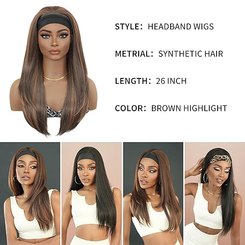 Miniatura 5 de 7JHH WIGS Peluca rubia miel con diadema para mujeres negras, 26 pulgadas de largo, lacio, en capas, sin pegamento, densidad 160, cabello lacio Yaki