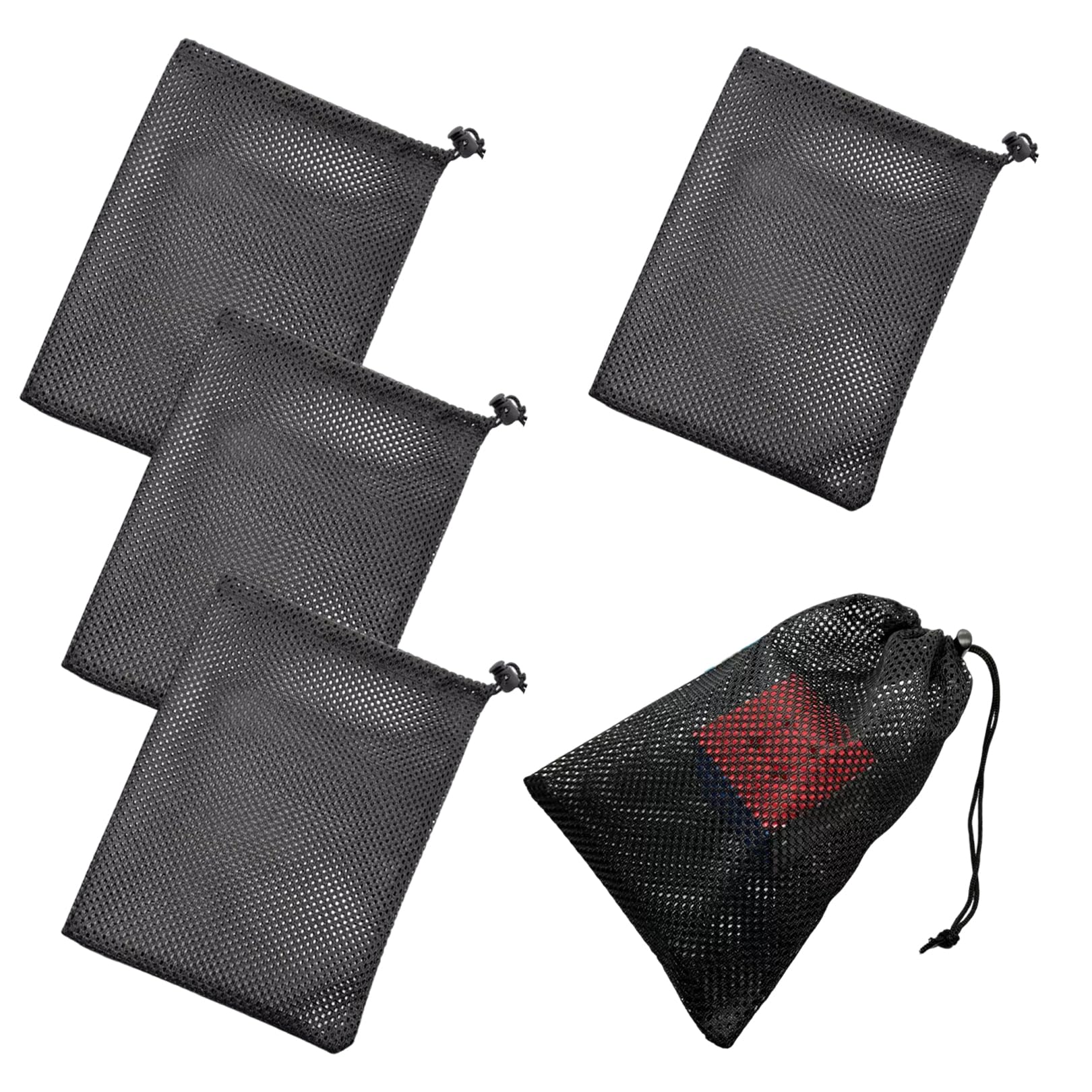 5 Sacchetti A Rete Neri Con Coulisse – Nylon, 14x19 Cm, Riutilizzabili Per Organizzare, Viaggi, Spiaggia, Bomboniere - 5