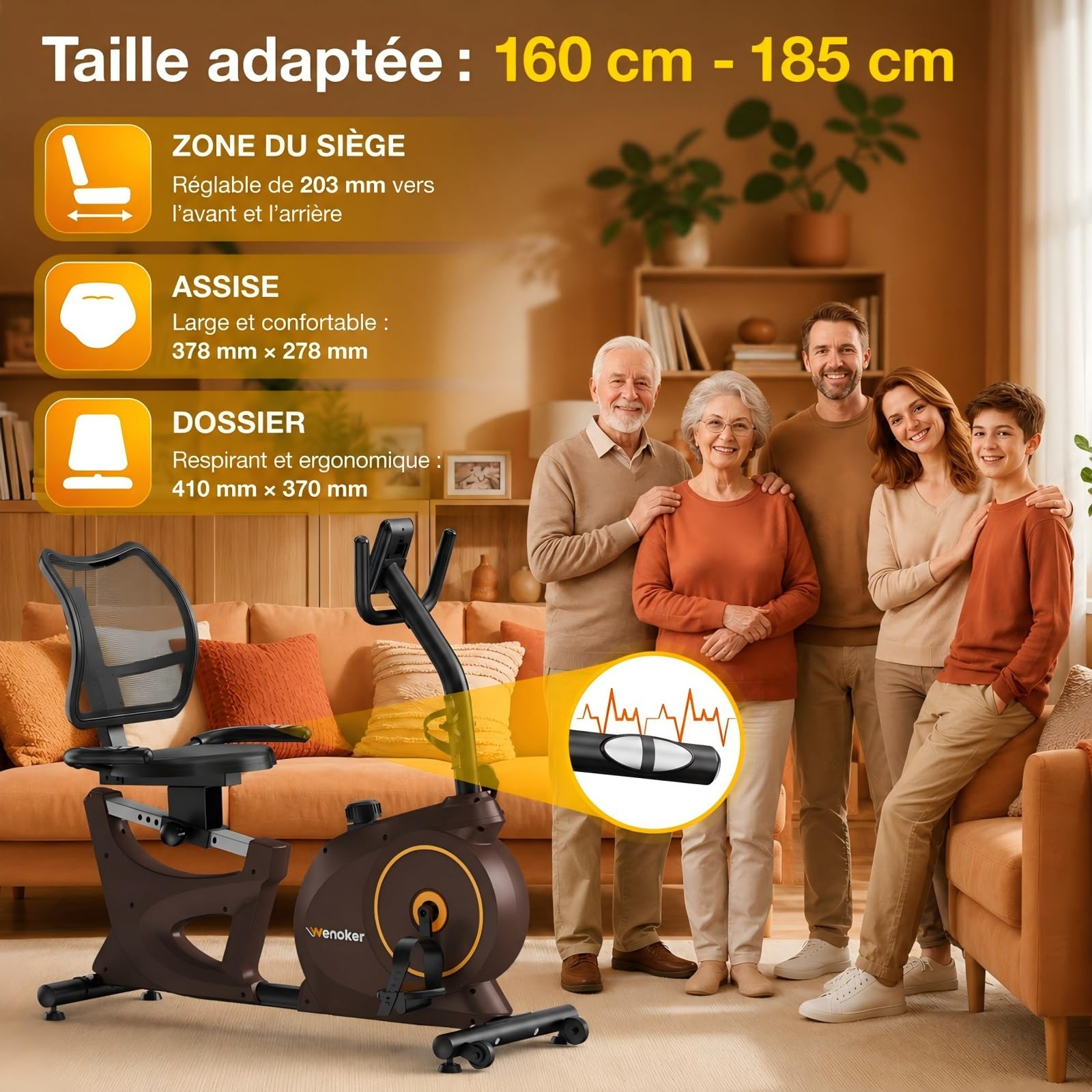 Vélo d'appartement ergomètre avec frein magnétique, capteurs de pouls et écran LCD, 15 niveaux de résistance, ergomètre d'assise avec dossier pour personnes âgées