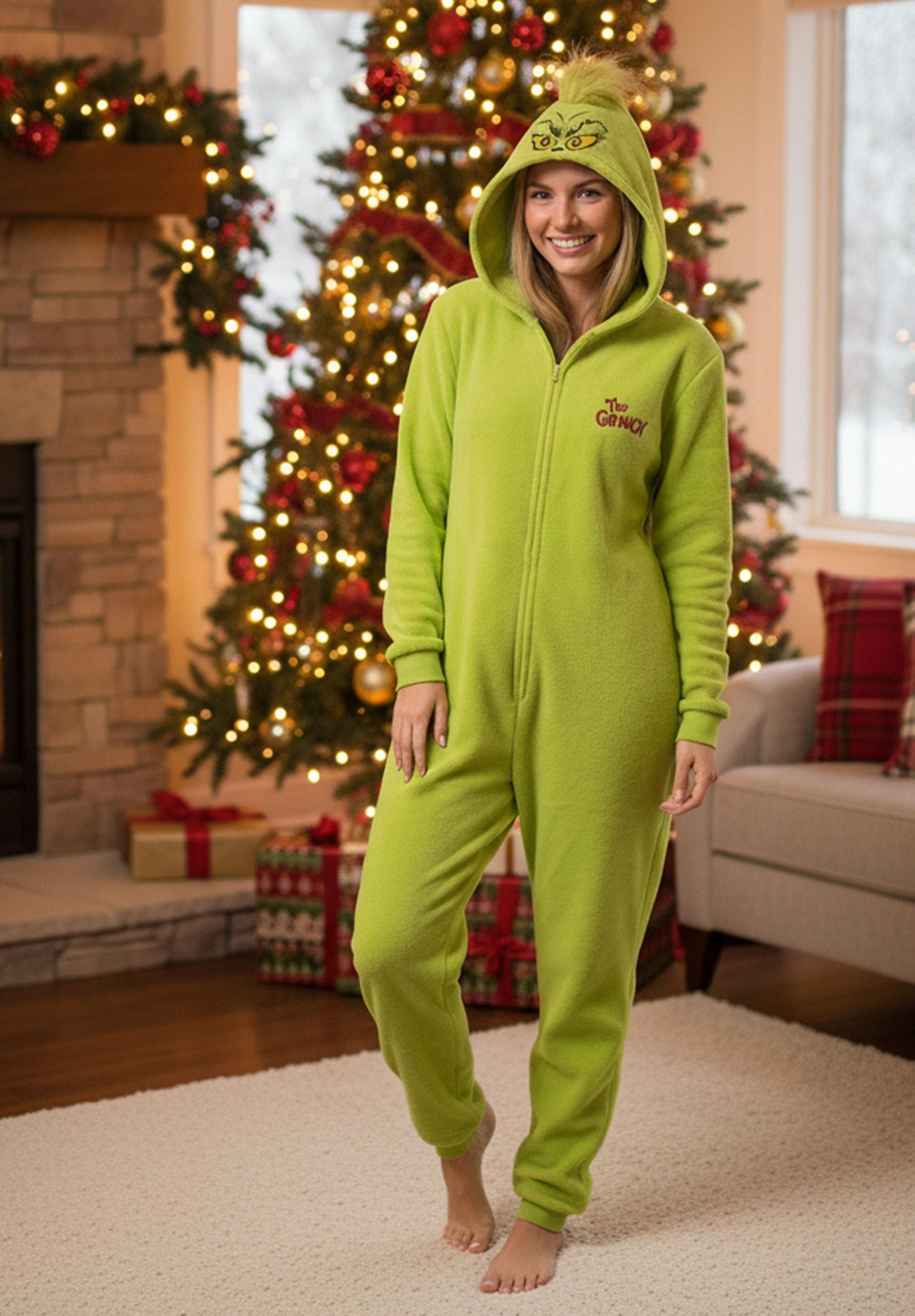 Grinch POLAROWA piżama JEDNOCZĘŚCIOWA zapinana na zamek, damskie CIEPŁE onesie z kapturem