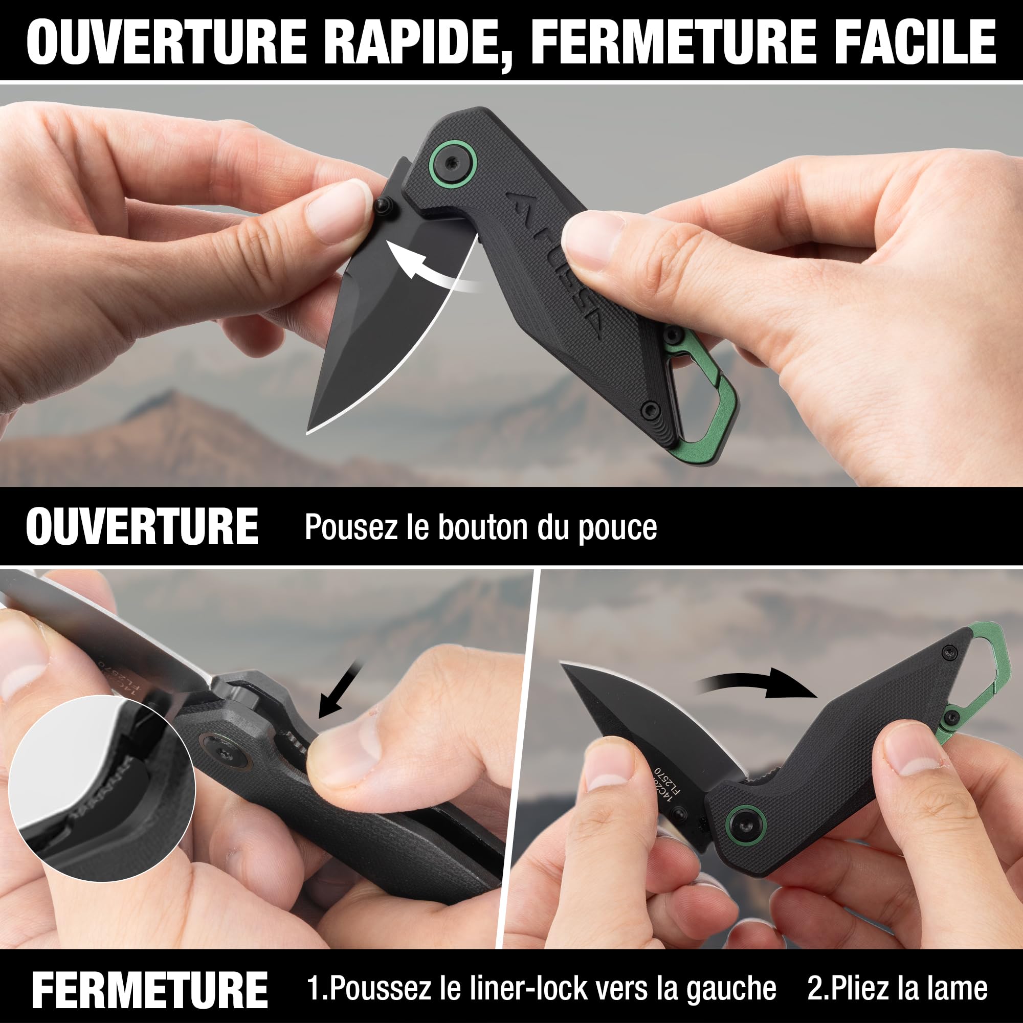 FLISSA Mini Couteau Pliant en Acier 14C28N avec Mousqueton Intégré (Usage hors Escalade), Couteau de Poche EDC (137 mm), Manche G10 Antidérapant, Idéal pour Camping, Randonnée et Quotidien