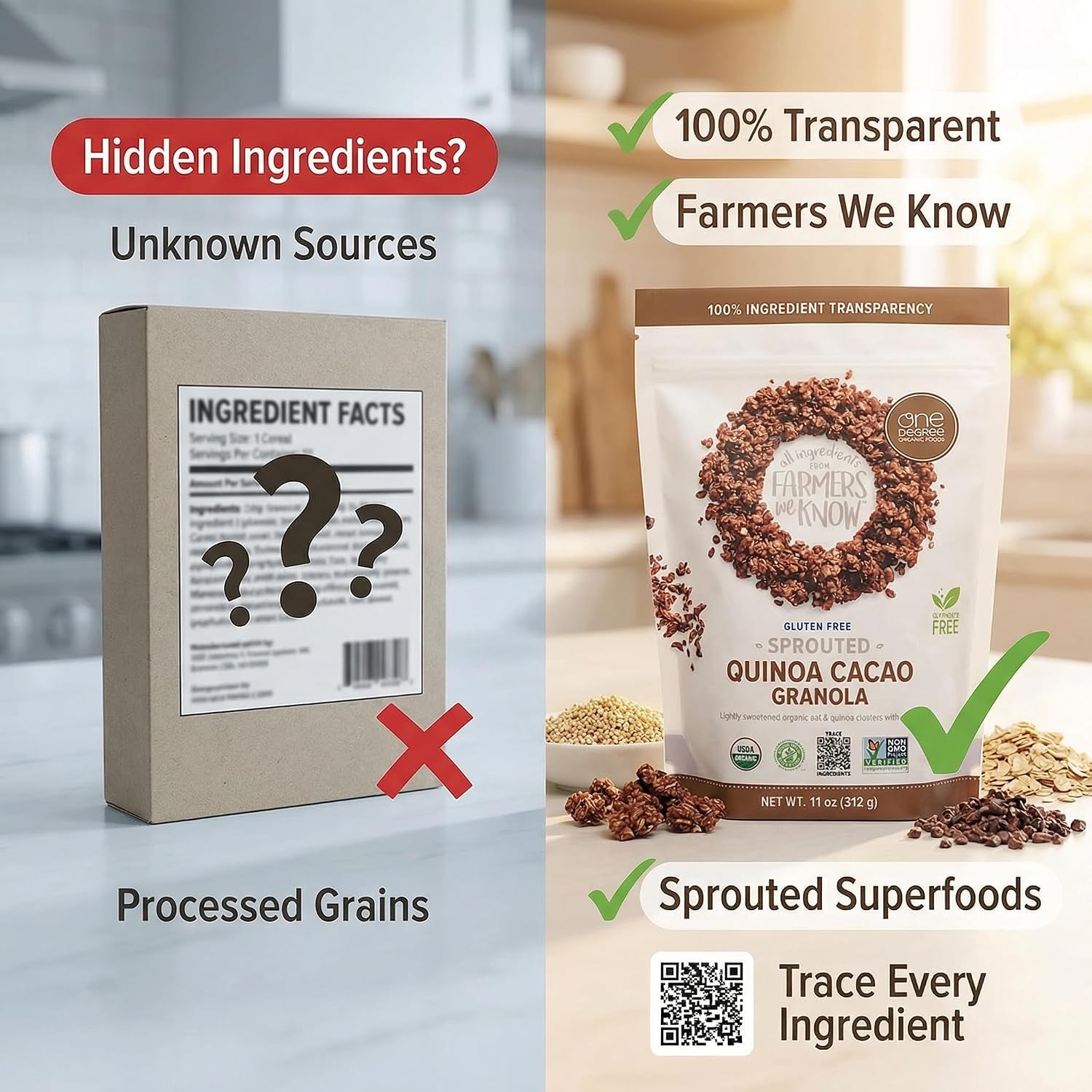 One Degree Granola Quinoa Cacao Org – 11 oz Organic Cereal – Pack of 3 – Protein Granola and Protein Cereal – Healthy Cereals Breakfast and Oat Granola – Gluten Free Muesli with a Random Item – 4 Items image 2