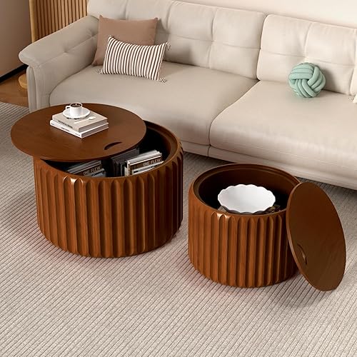 Miniatura 13 de Juego de 2 mesas auxiliares redondas estriadas con diseño en relieve, mesa auxiliar moderna de mediados de siglo, mesa auxiliar circular minimalista