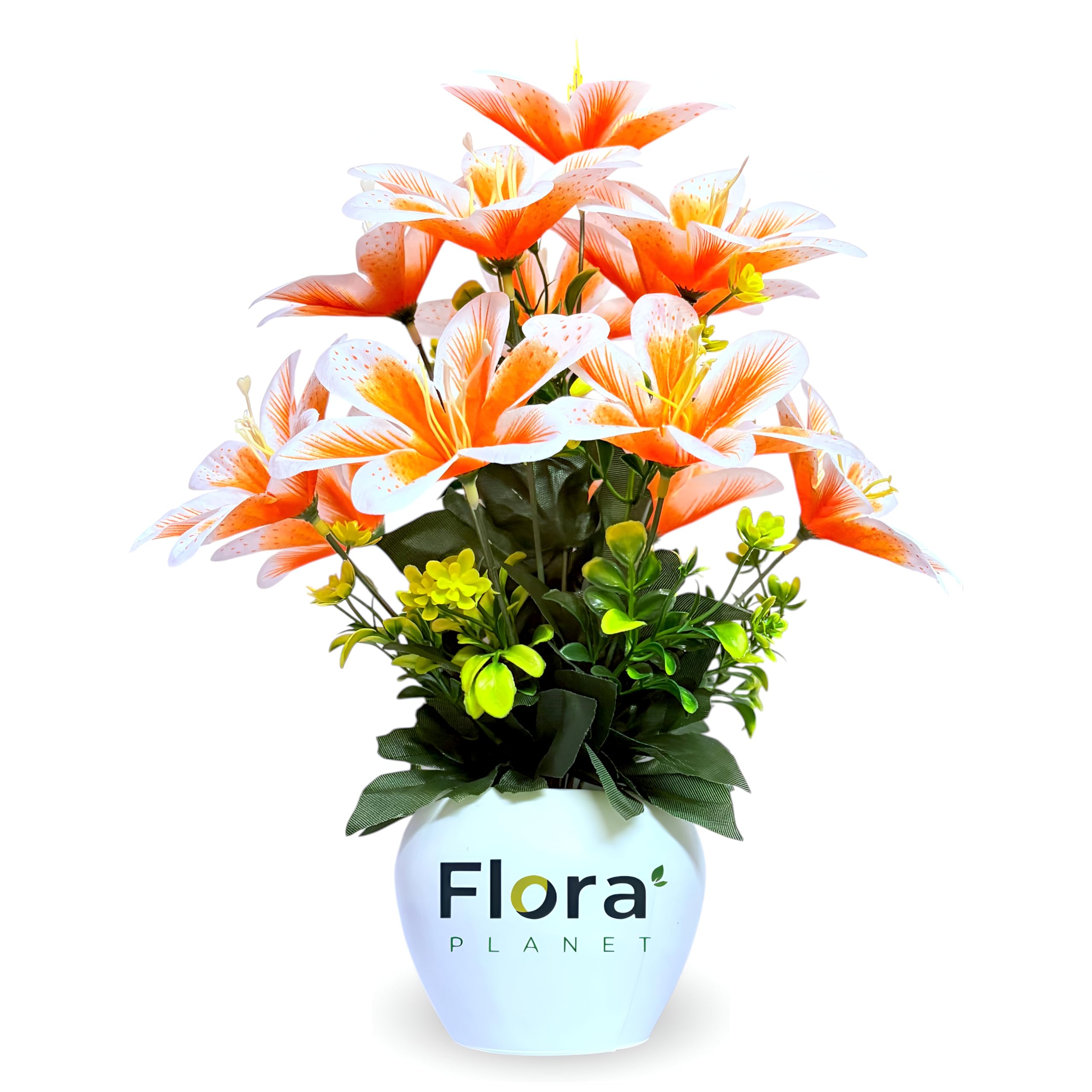 Flora Planet Artificial Lily Flower Pot with 12 Blooming Stems – 34 cm Height | 8 Color Variants | Decorative Faux Plant for Home, Office & Table Décor (Orange)-image-29