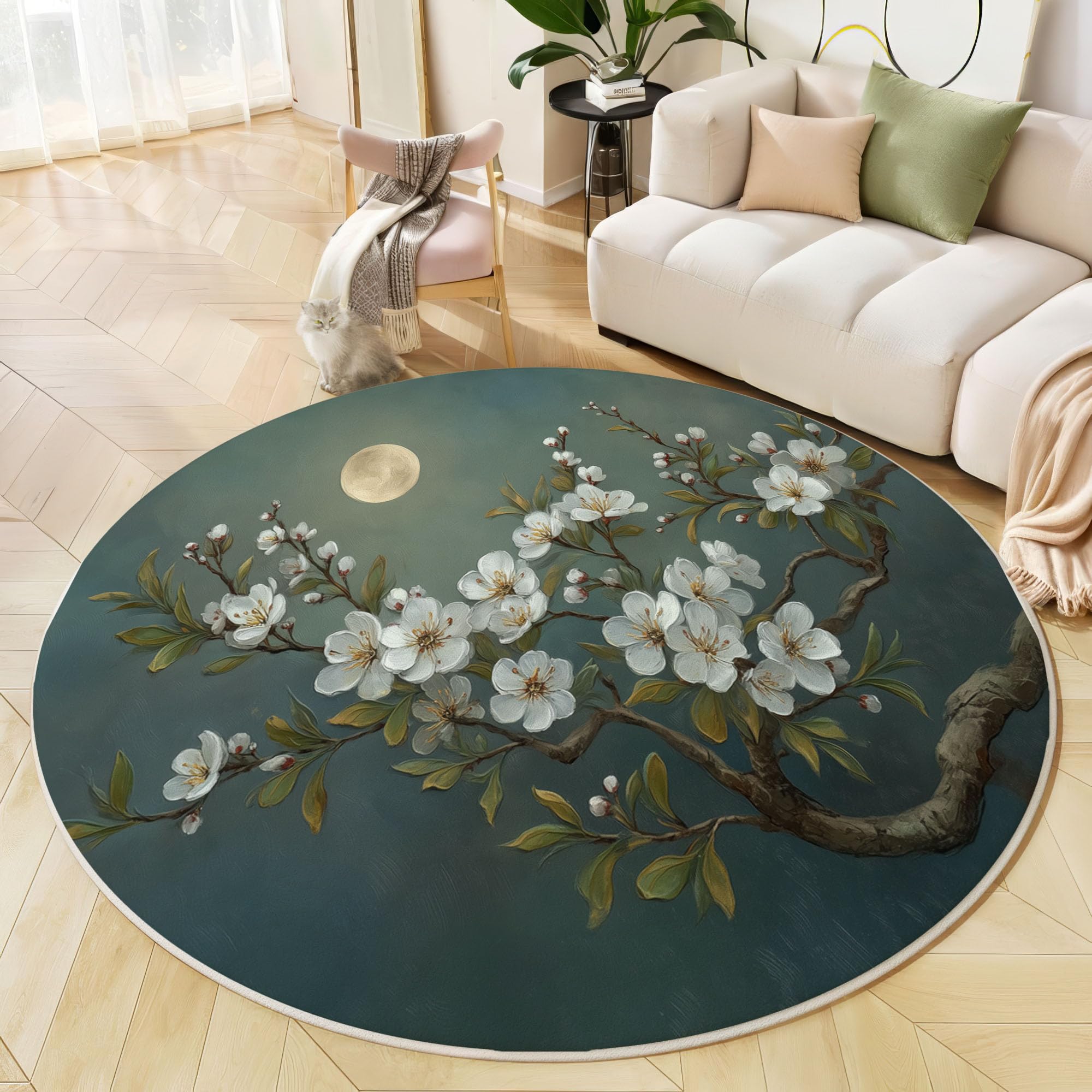 Tapis rond ciel nocturne design branches de prunier vertes 120cm