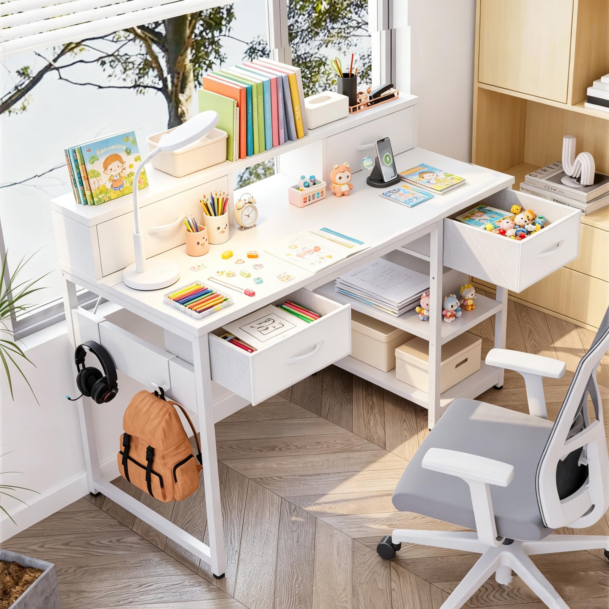 JUMMICO Scrivania da 120 x 50 cm, piccola scrivania con 3 cassetti e organizer da appendere, scrivania per bambini per casa, studio e giochi, bianca