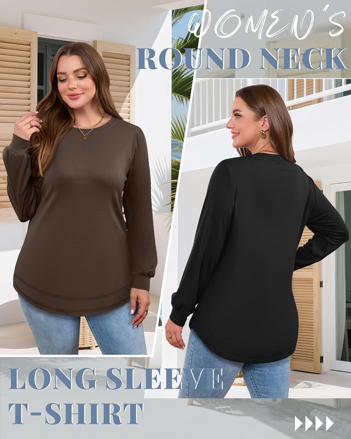 3 Pack Women's Plus Size Sweatshirts, Long Sleeve Cotton Tees Crew Neck Pullover Shirts Tunic Curved Hem T-Shirts - Image 2