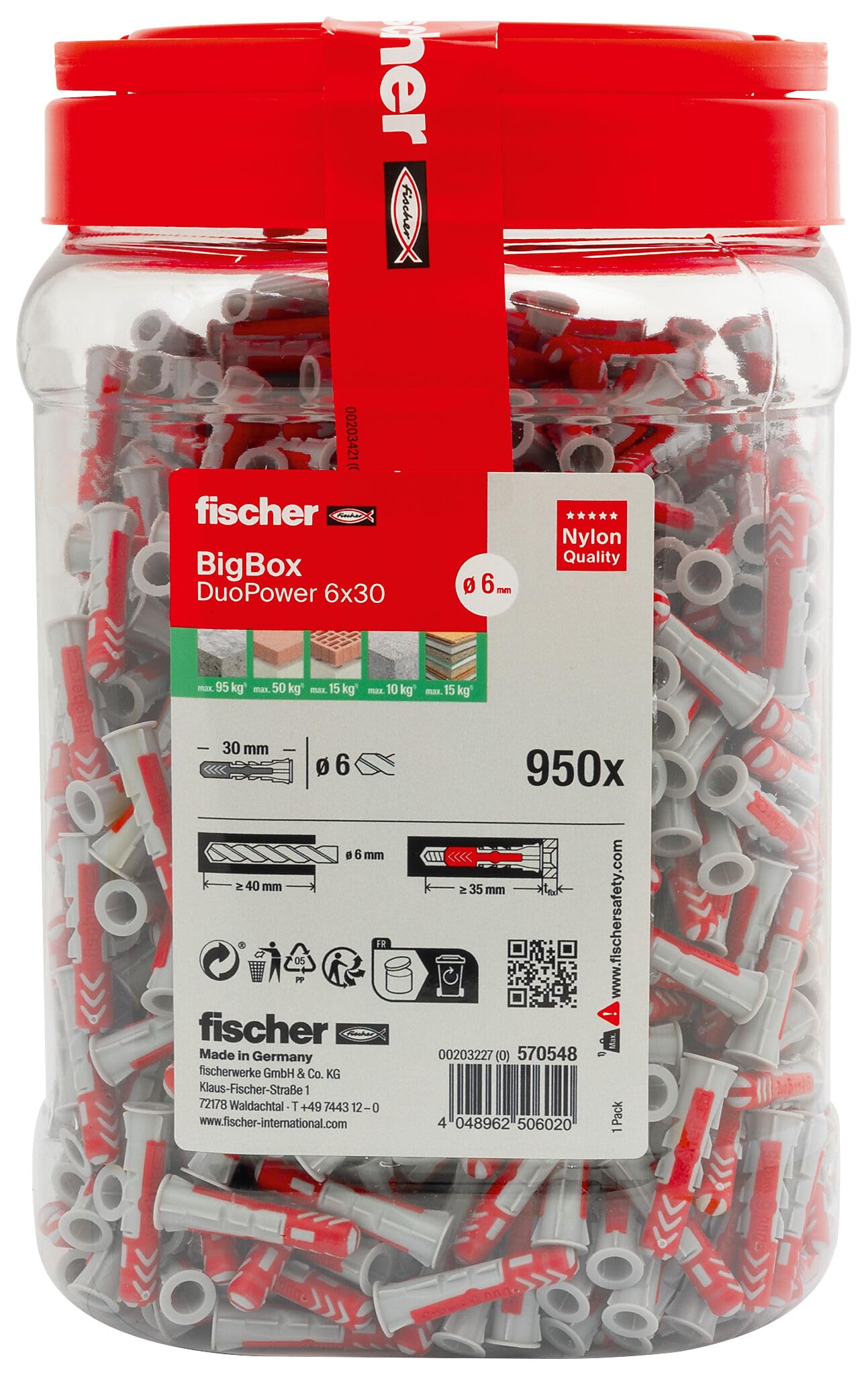 fischer DuoPower 6 x 30 in der BigBox, 950 Universaldübel, leistungsstarker 2-Komponenten-Dübel, Kunststoffdübel zur Befestigung in Beton, Ziegeln, Stein, Gipsbauplatten uvm., ohne Schrauben