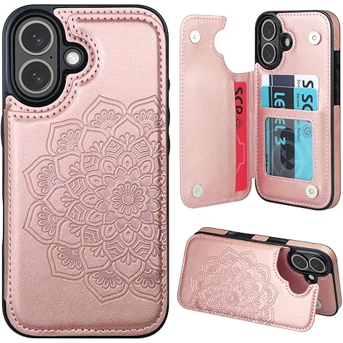 MMHUO for iPhone 16 Case with Card Holder, Flower Magnetic Clasp Flip Case for iPhone 16 Wallet Case for Women, Protective Case Phone Case for iPhone 16 (6.1 Inch),Rose Gold