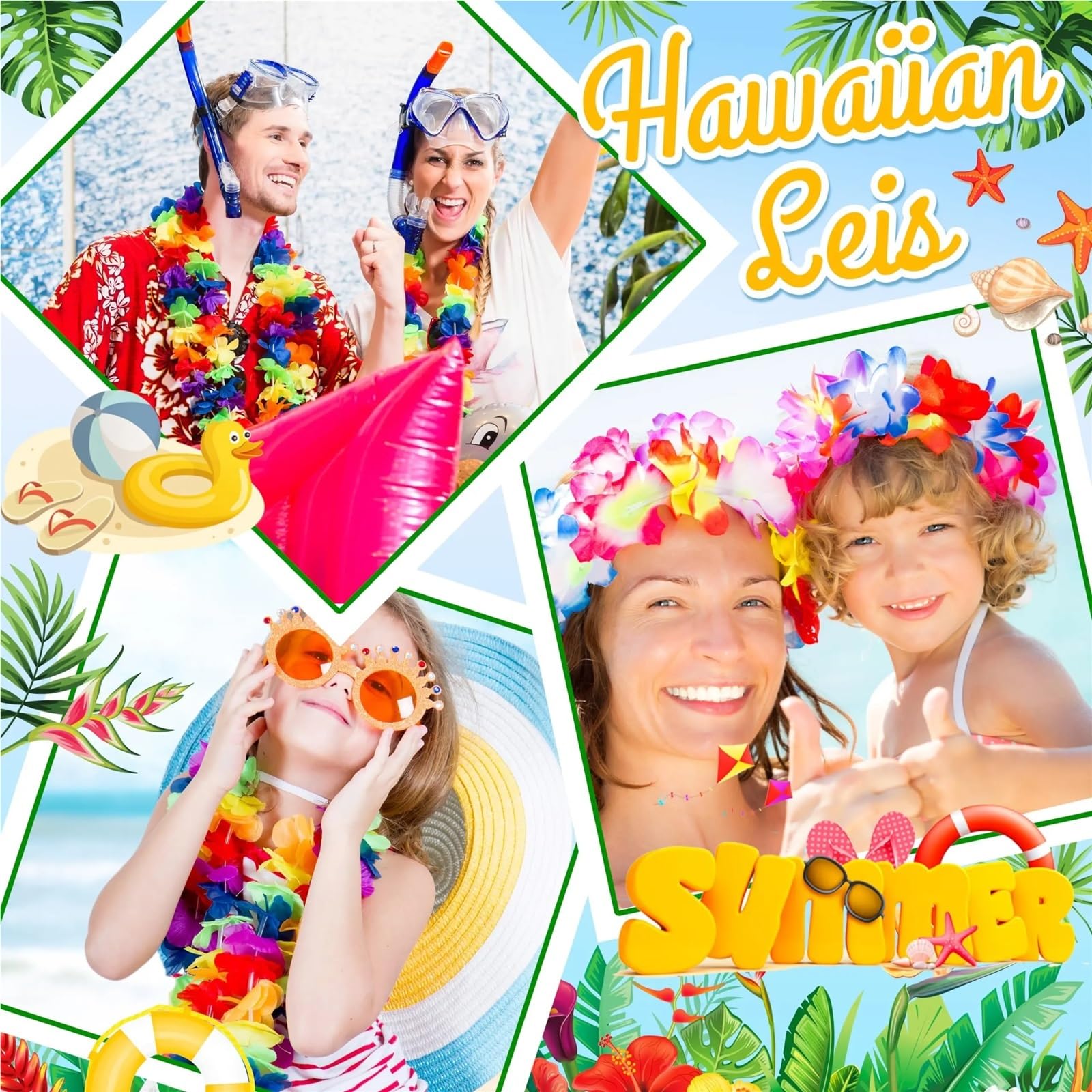 Collar de Flores Seda con temática Hawaiana, 50-200 Unidades, for Fiestas Playa, Bodas y cumpleaños para Fiesta Verano(100pcs)