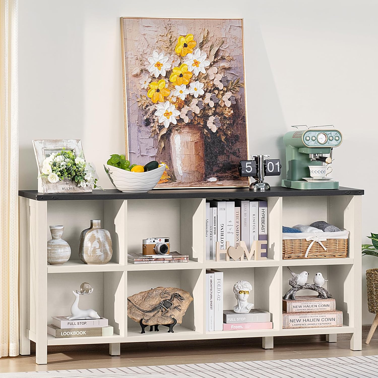 Joaxswe 8 Cube Book Shelf, Farmhouse Wood Long Storage Organizer Bookcase, 62" Horizontal Antique White & Black Console Bookshelf, Kids Toy Storage Cabinet, Modern Open Book Case for Playroom, Office