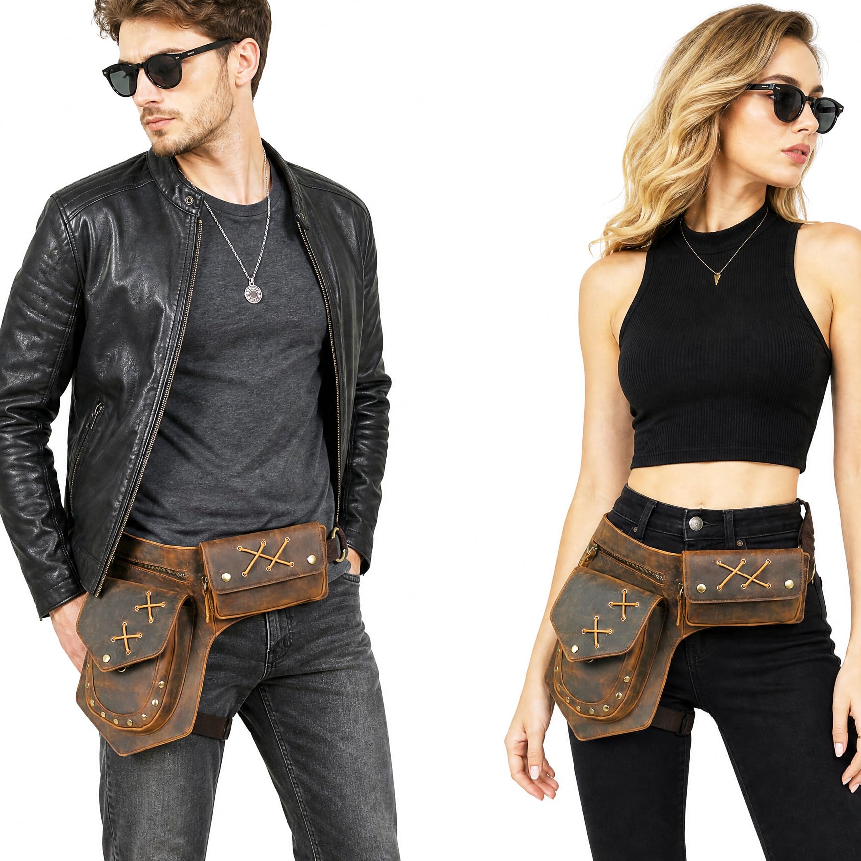 Toile Imperméable + Cuir Véritable Moto Fanny Sac de Taille Waist Bag Cuisses Sacs pour Les Jambes pour Hommes Femmes FB211-8 (100% Cuir véritable - a - Marron)