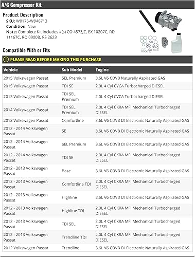 Kit de compresor de A/C - Compatible con Volkswagen Passat 2012-2015