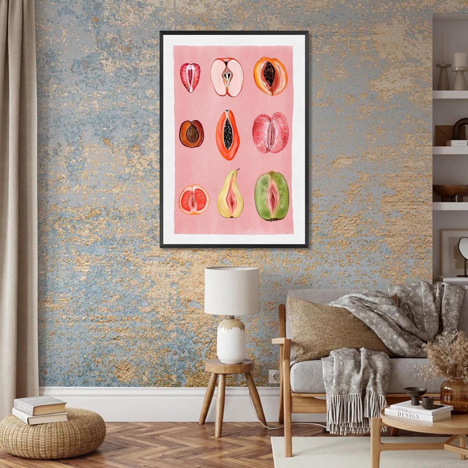 Sliced Feminine Fruit Print Vintage Poster Pink Fruity Wall Art Funky Unique Home Decor Empowering Feminism Artwork for Kitchen Bedroom For Dorm wall 16x24in Framed