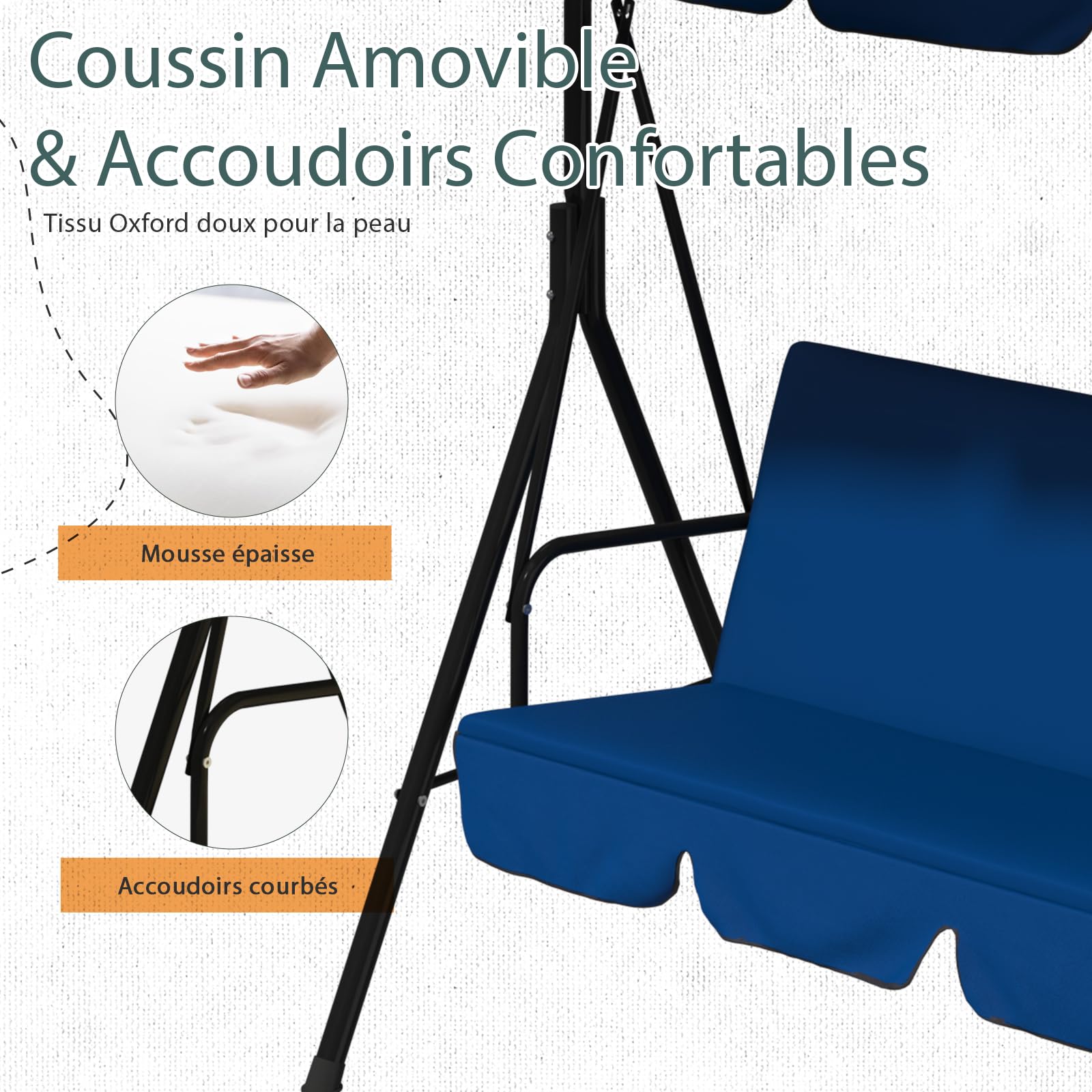 YODOLLA Balancelle de Jardin 3 Places, Auvent Réglable & Coussin Amovible, Charge 204kg, Balancoire Extérieure pour Terrasse, Piscine, Porche, 172 × 112 × 151 cm (Bleu)