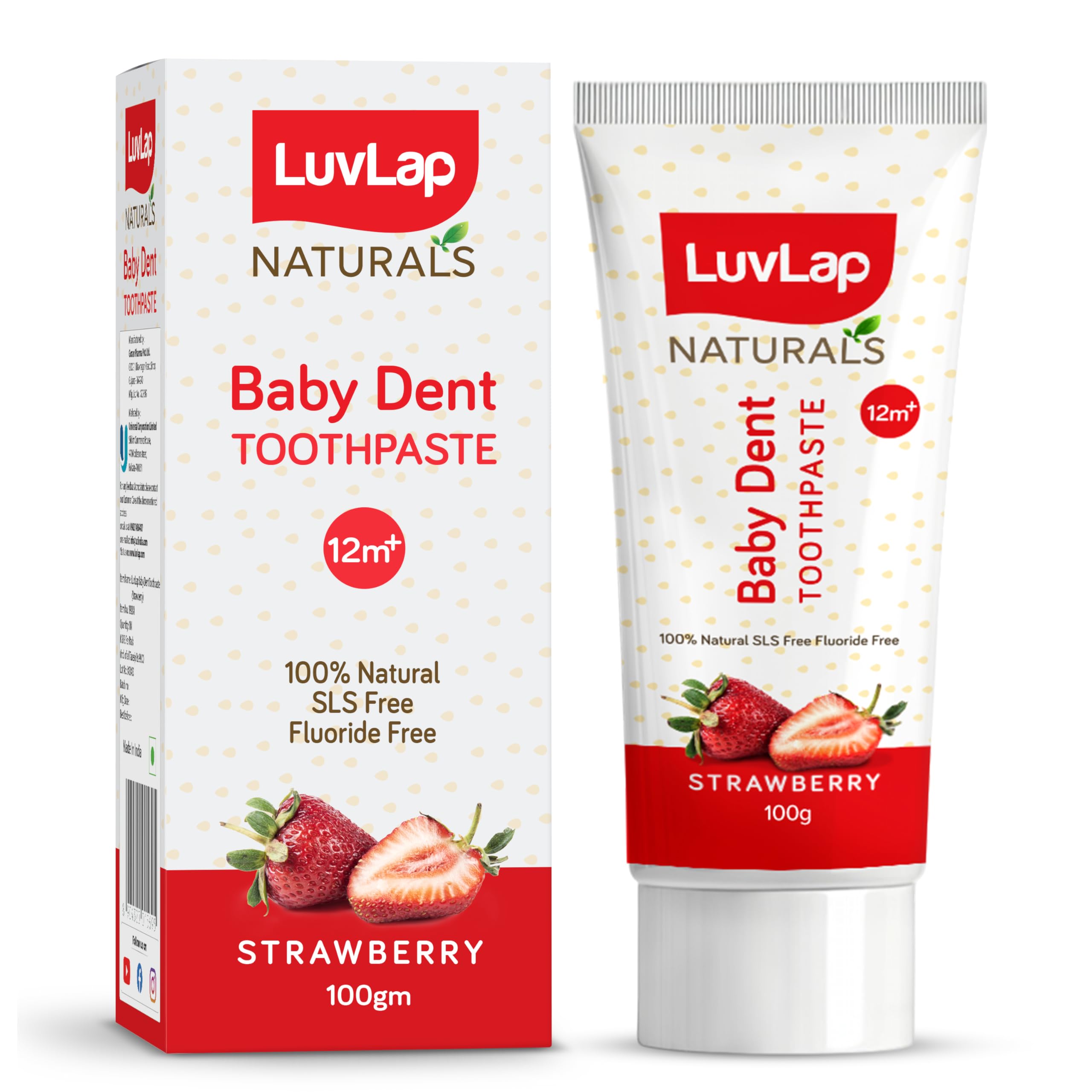 LuvLap Naturals Baby Dent 100% Natural Toothpaste for Kids, Strawberry Flavour, SLS &Fluoride Free, Removes Plaque, Prevents Bacterial Growth, Ensures Shiny White Teeth, Neutral pH,12M+, 100g