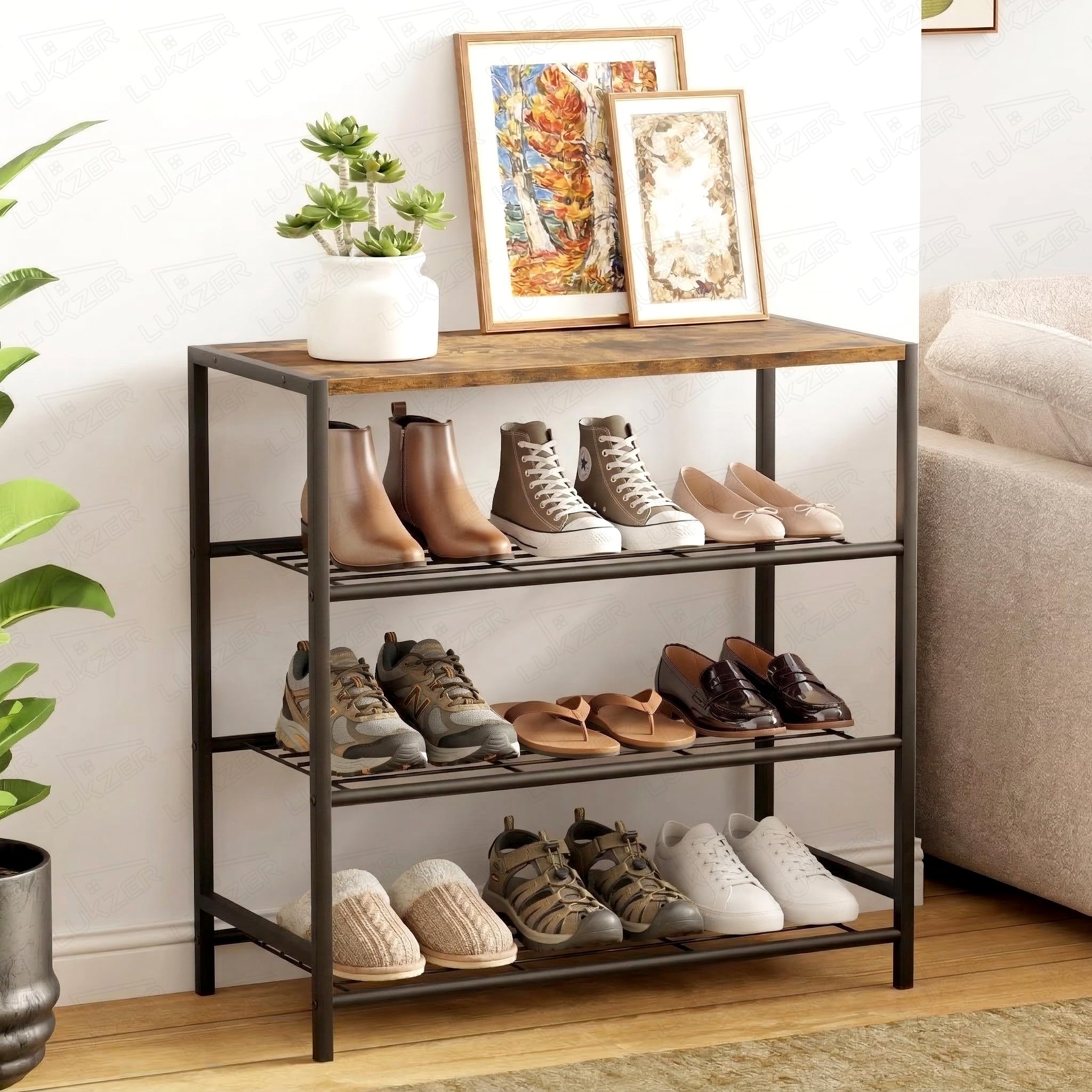 Lukzer 3 Tier Multipurpose Shoe Rack Space Saving Open Storage Shelf for Daily Footwear, Books & Indoor Plants | Compact Freestanding Shoe Stand for Entryway, Balcony & Bedrooms – Black-image-40