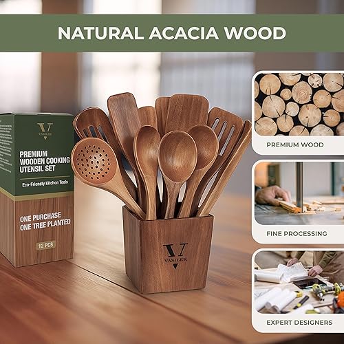 Miniatura 8 de Vasilek Juego de utensilios de cocina de madera - Juego de utensilios de cocina de madera de acacia de 12 piezas con soporte cuadrado y soporte para