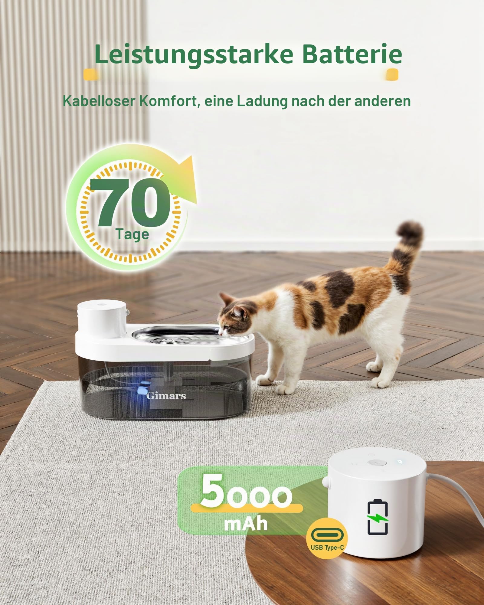 Gimars 4L UltraLeiser BPA-frei Katzenbrunnen Kabellos mit Bewegungsmelder, 5000mAh Akku, Trinkbrunnen für Katze Kabellos, Wasserbrunnen für Katzen mit Sensor, Katzentrinkbrunnen ohne Kabe