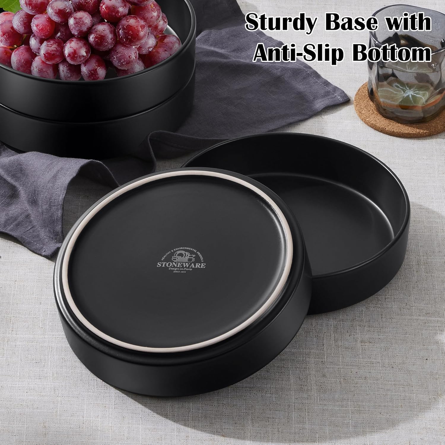 E-far Pasta Bowls Set of 4-35oz Shallow Ceramic Bowl Plates for Serving Dinner, Soup & Salad | Stoneware Pasta Plates | Microwave & Dishwasher Safe | Matte Black