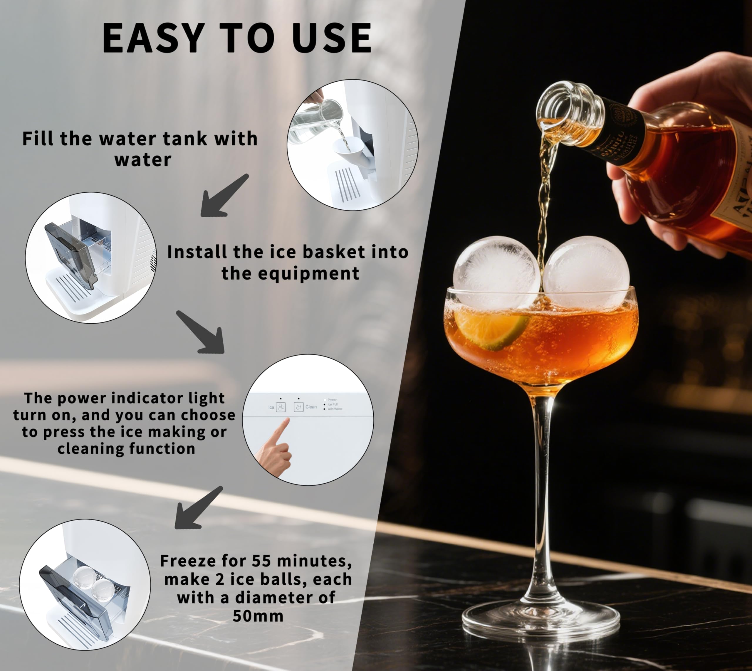 Eiskugel-Maschine, intelligente Sensoren, Ein-Tasten-Reinigung, 2 Stück in 50 Minuten, leise selbstreinigende Eismaschine mit Eiszange, für Cocktails & Whiskey, Tisch-Eismaschine für Zuhause, YH1590