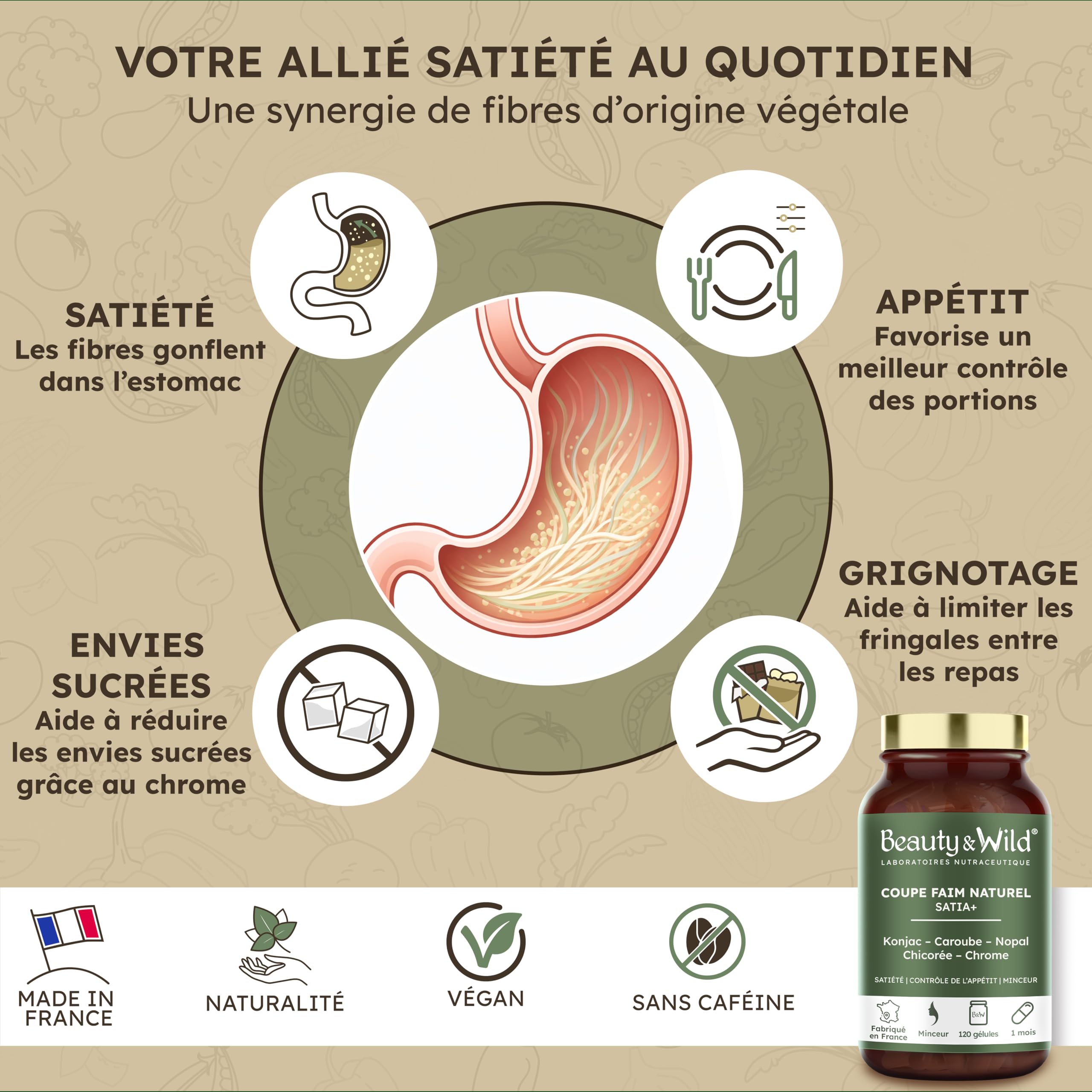 Beauty&Wild Coupe Faim Naturel SATIA+ – Konjac, Nopal, Caroube, Chrome, Contrôle de l’Appétit et Satiété, 120 Gélules, Fabriqué en France