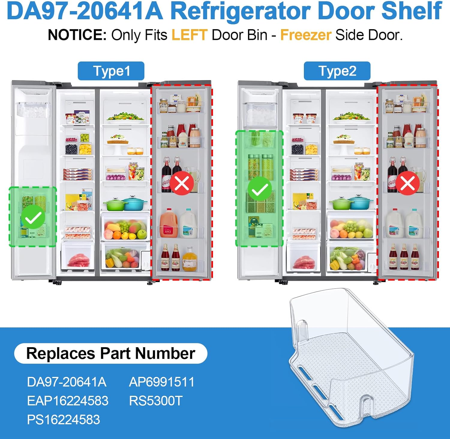 A replacement door shelf for Samsung refrigerators.