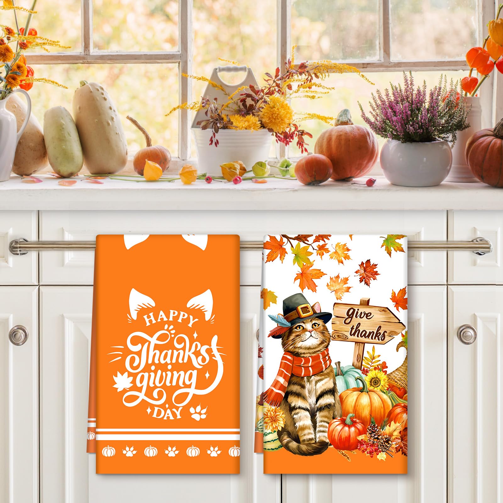 Arquiel Fall Thanksgiving Cat Pumpkin Tea Towels, Cotton Kitchen Towel 48 × 70 cm - Image 3