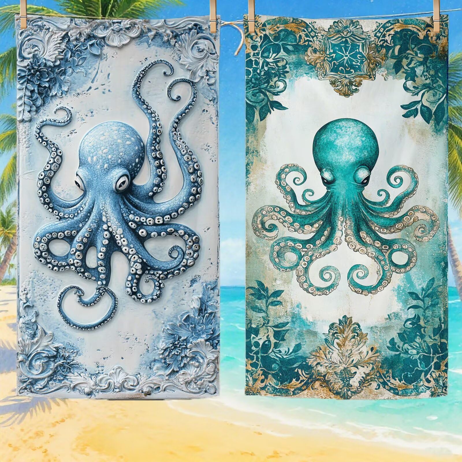 Toallas de Playa Microfibra Pulpo Toalla Playa Grande 100 x 180 cm Mujer Hombre Secado Rápido Absorbente Toallas Gimnasio Suave Sin Arena Toalla Microfibra para Playas Piscina Viajes Camping Q-702