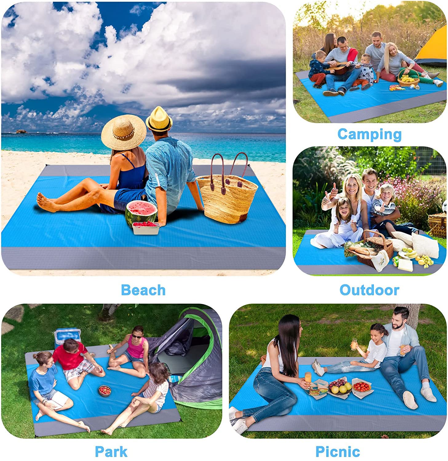 Koc plażowy, koc piknikowy bez piasku, 230 x 200 cm, ultralekki, koc piknikowy, wodoszczelny koc z 4 mocowanymi narożnikami, na plażę, kemping, podróże, wędrówki na świeżym powietrzu