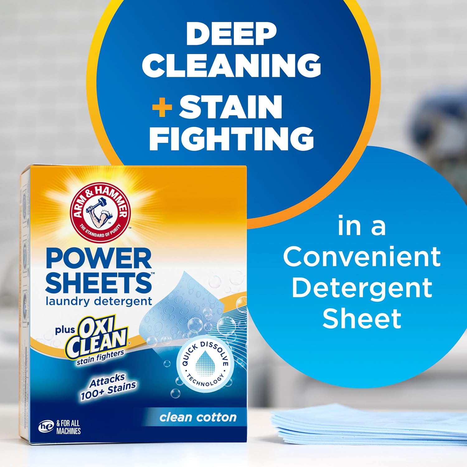 ARM & HAMMER Power Sheets Laundry Detergent Plus OxiClean Stain Fighters, Clean Cotton Scent, 52 Count, 104 Medium Loads - Image 2